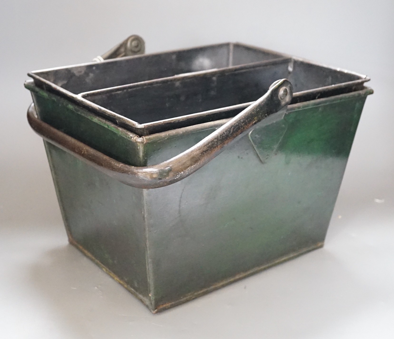 A green painted metal housekeeper's box and tray, 30cms wide x 22cms high                                                                                                                                                   