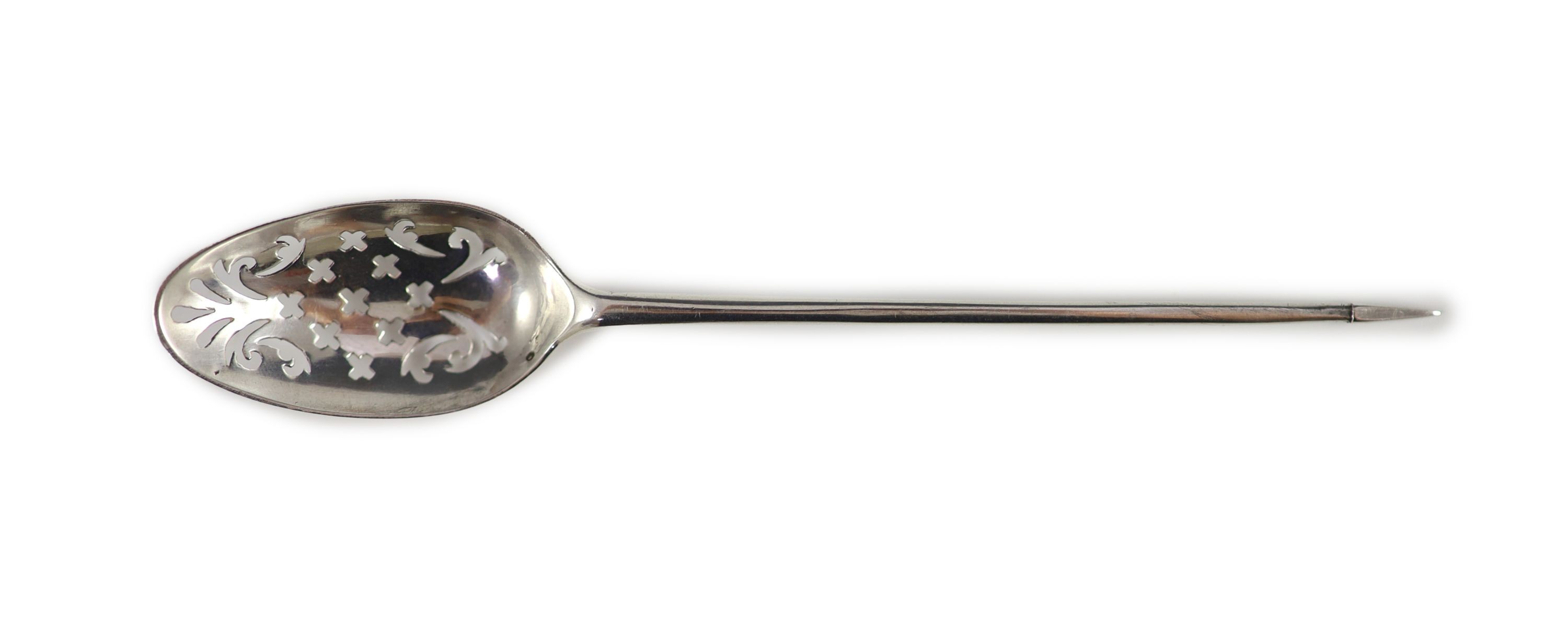 An 18th century fancy back silver mote spoon, circa 1750, 13cm long.                                                                                                                                                        