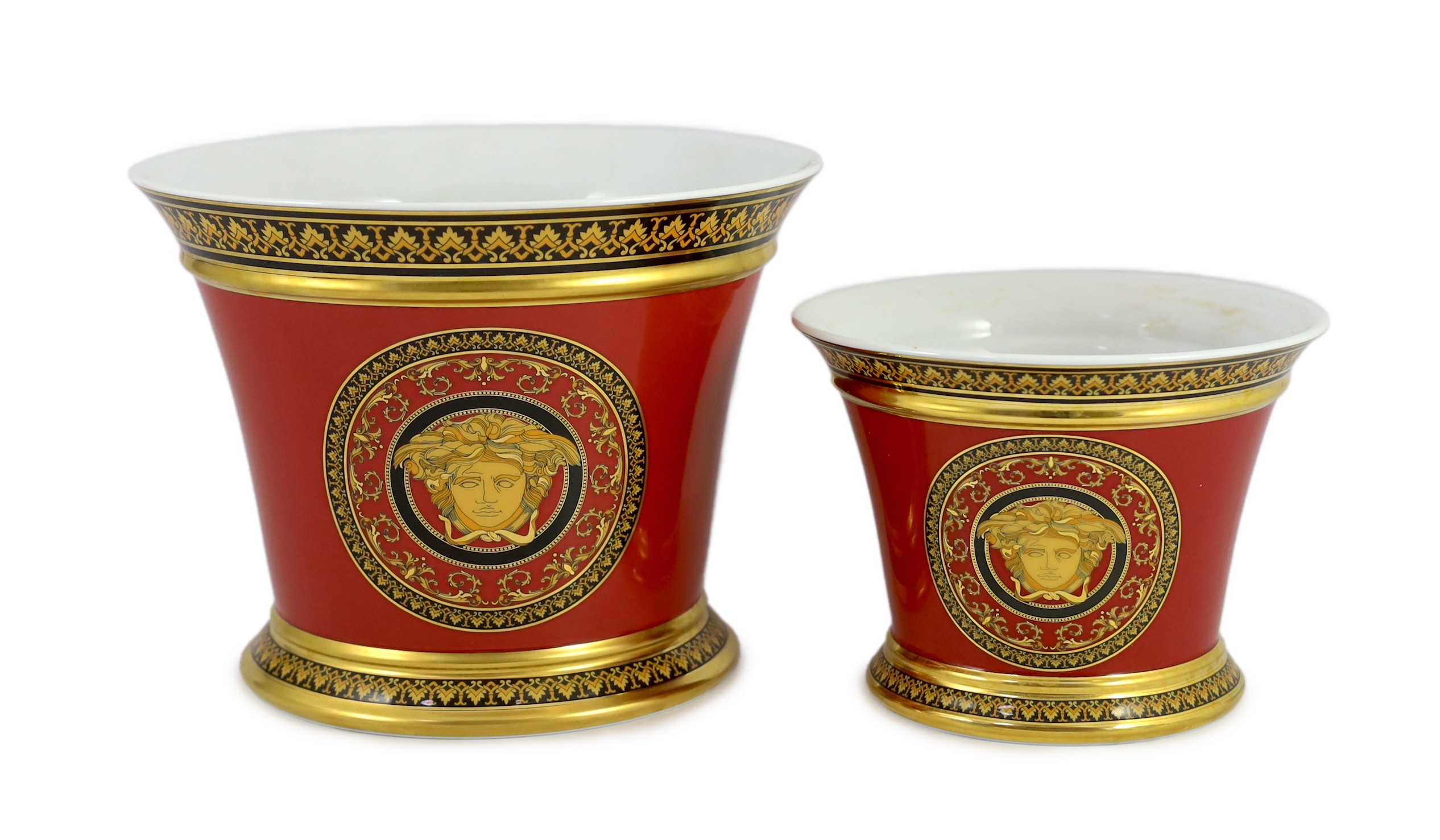 Rosenthal for Versace. A graduated pair of Medusa pattern jardinieres 19.5cm and 14.5cm high                                                                                                                                