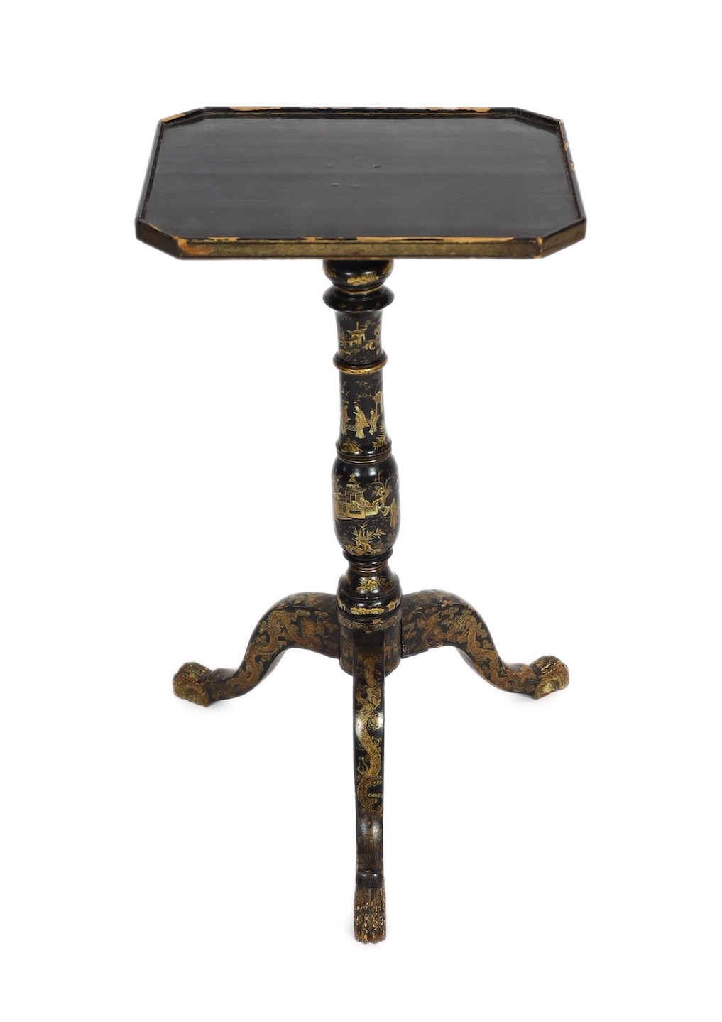 A Chinese export gilt-decorated black lacquer wine table, c.1840, 38 x 31.5cm, height 69cm                                                                                                                                  