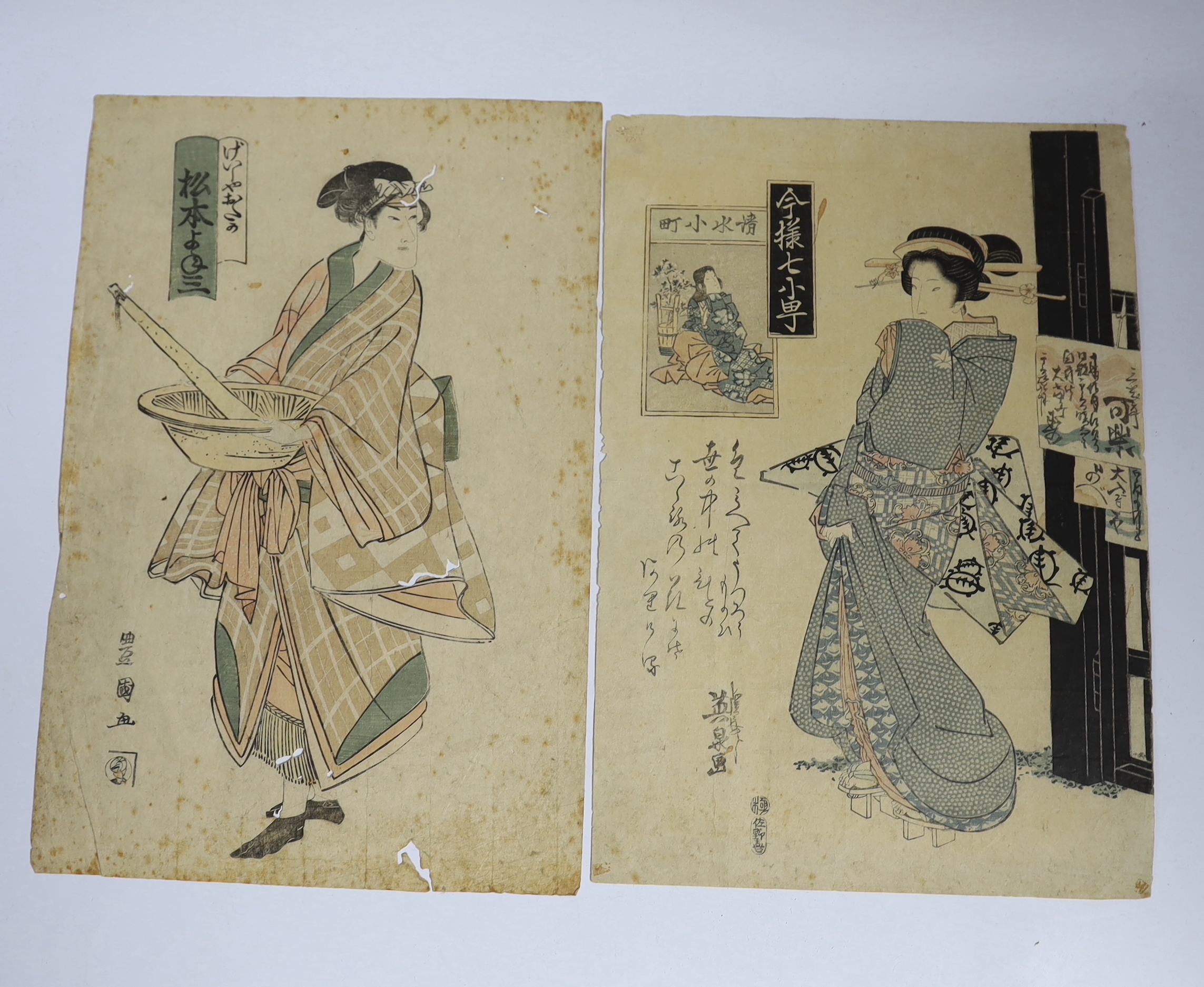 19th century Japanese school, two woodblock prints, Females wearing kimonos, 38 x 26cm, unframed                                                                                                                            