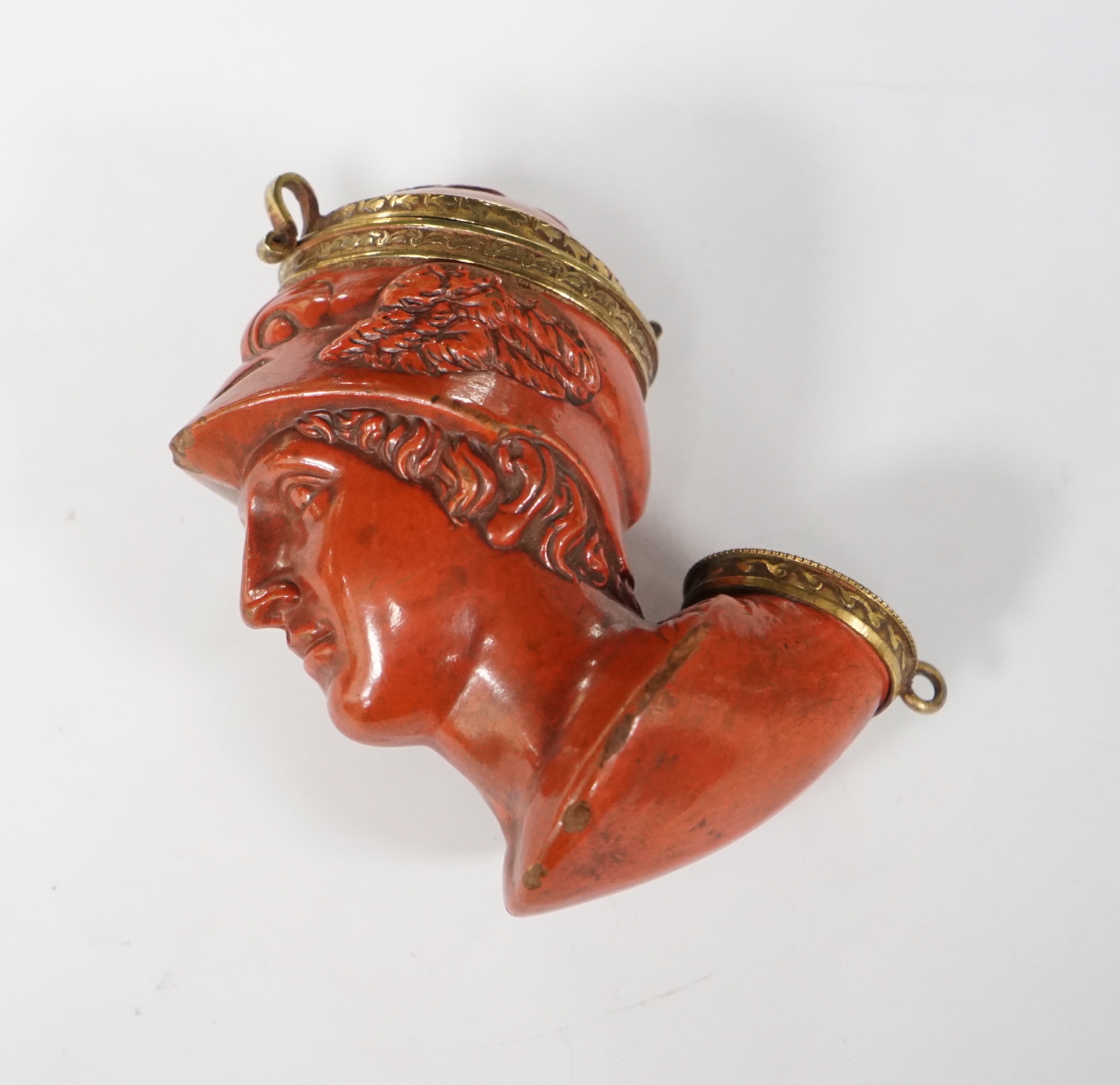 A 19th-century French terracotta pipe modelled as the bust of Hermes, approximately 10cm high                                                                                                                               