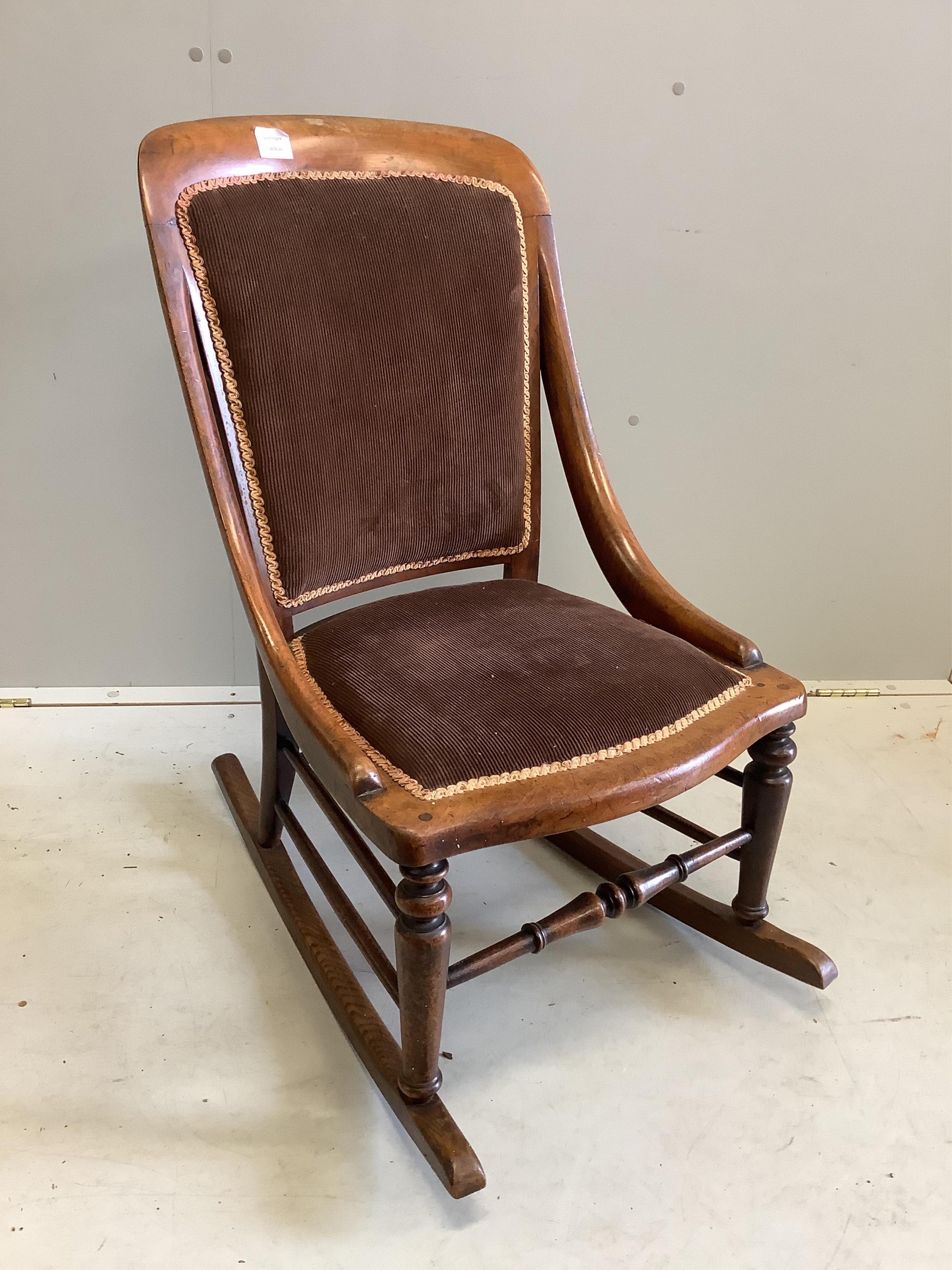 A Victorian mahogany rocking chair, width 49cm, depth 50cm, height 85cm                                                                                                                                                     