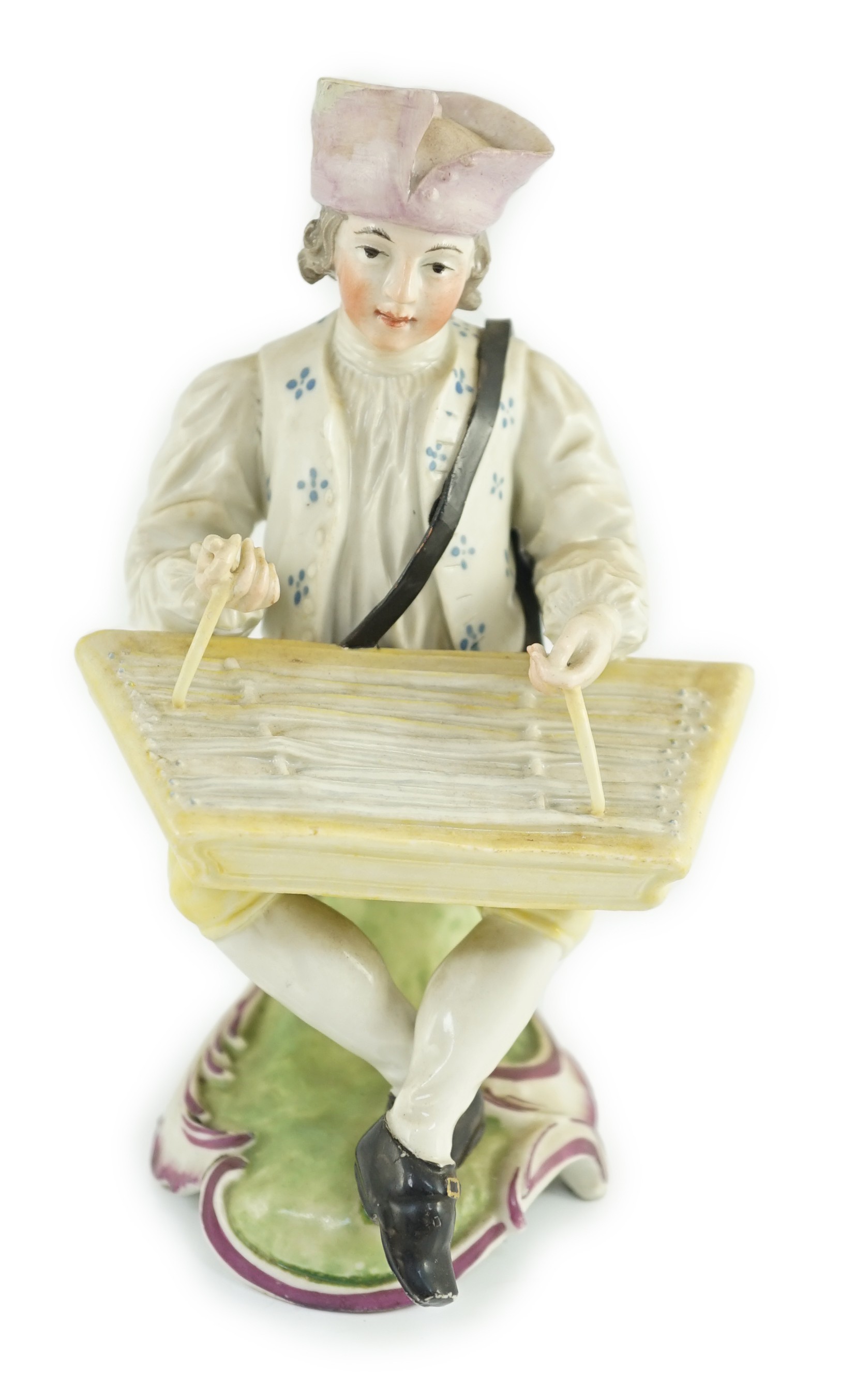 A Frankenthal porcelain figure of a zither player, c.1760, 15cm high, small areas of restoration, Provenance - purchased from Winifred Williams, Eastbourne/London before 1970.                                             