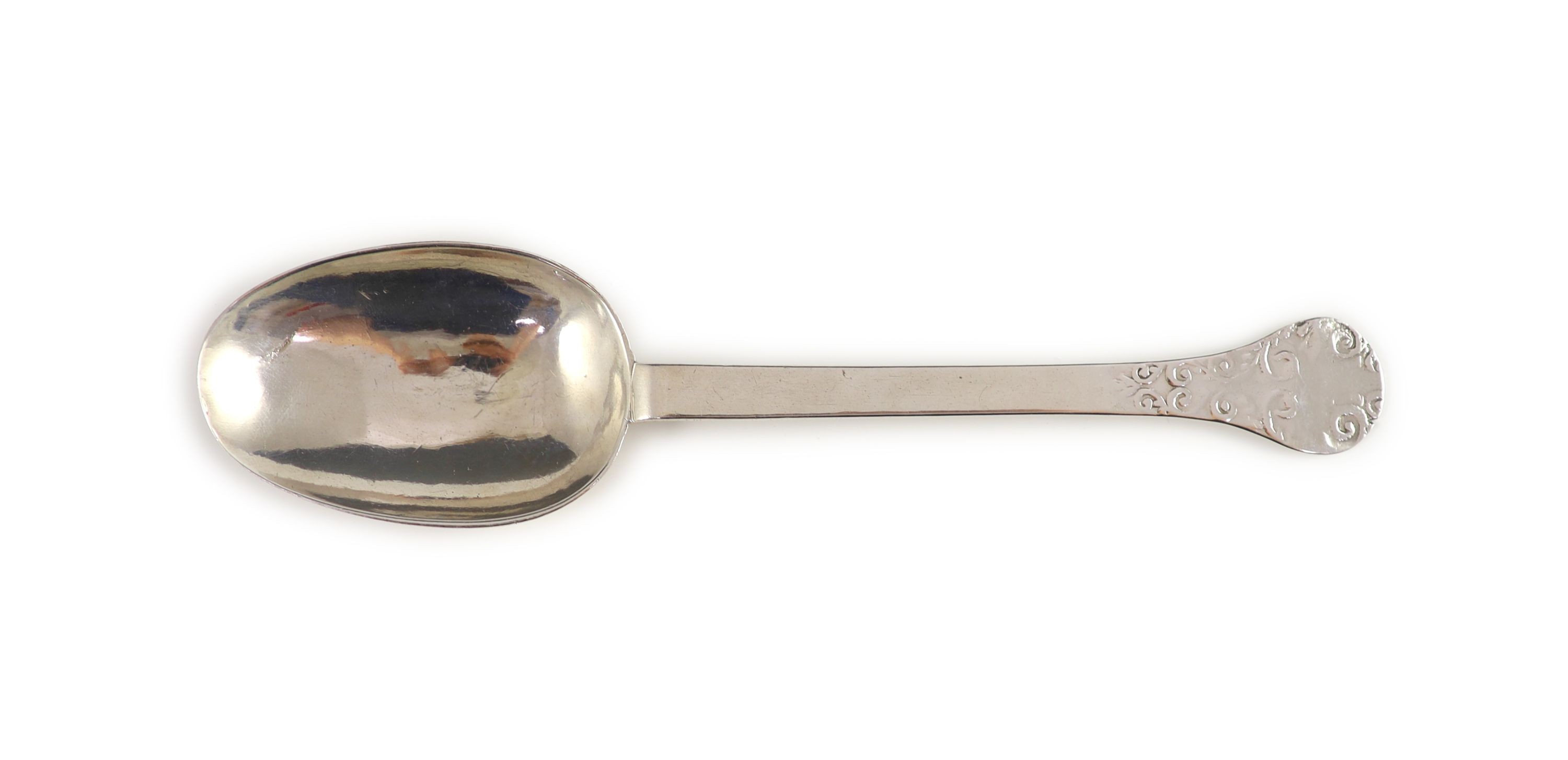 A William & Mary silver trefid spoon, London, 1689, attributed to Lawrence Coles, 19.5cm long, 1.8 oz.                                                                                                                      