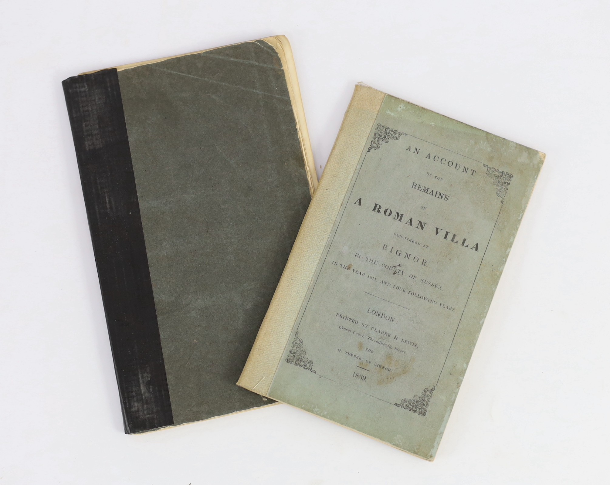 ARUNDEL: (Lysons, Samuel) - An Account of the Remains of a Roman Villa discovered at Bignor, in the County of Sussex ... folded and coloured plan, 5 plates; cloth-backed original printed wrappers.                        