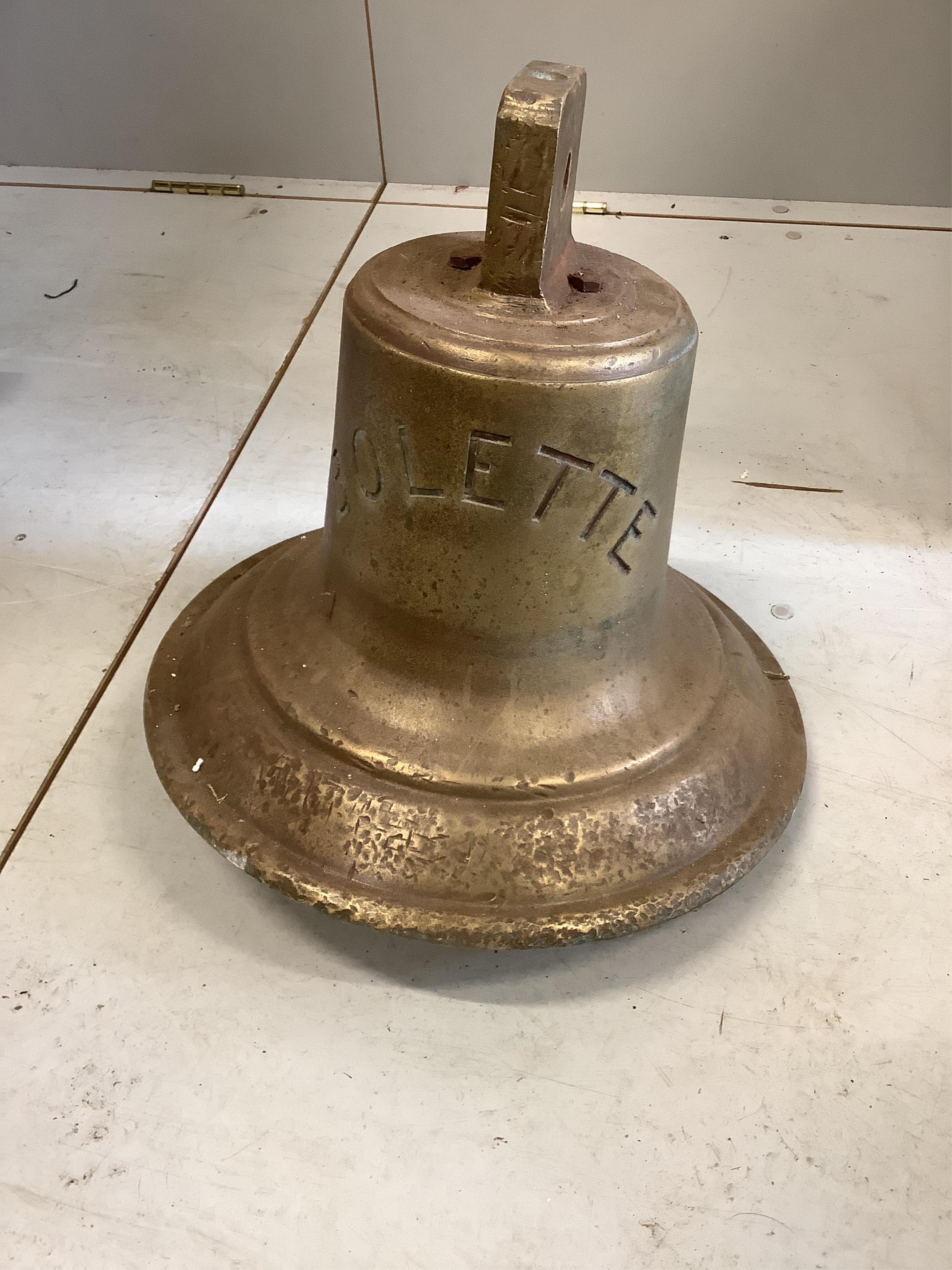 A mid century cast bronze 20kg ship's bell, marked Bolette, height 33cm. Condition - good                                                                                                                                   