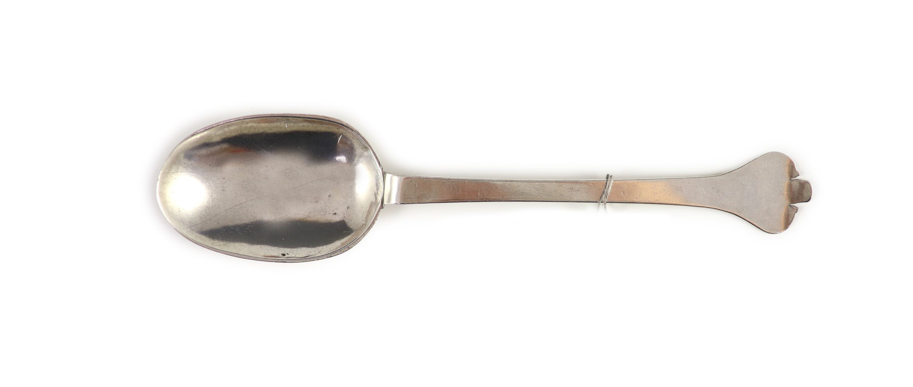 A provincial English silver trefid spoon, marks untraced, initialled to terminal underside ‘IRS’, c1670-90 , 19.5cm long, 1.4 oz.                                                                                           