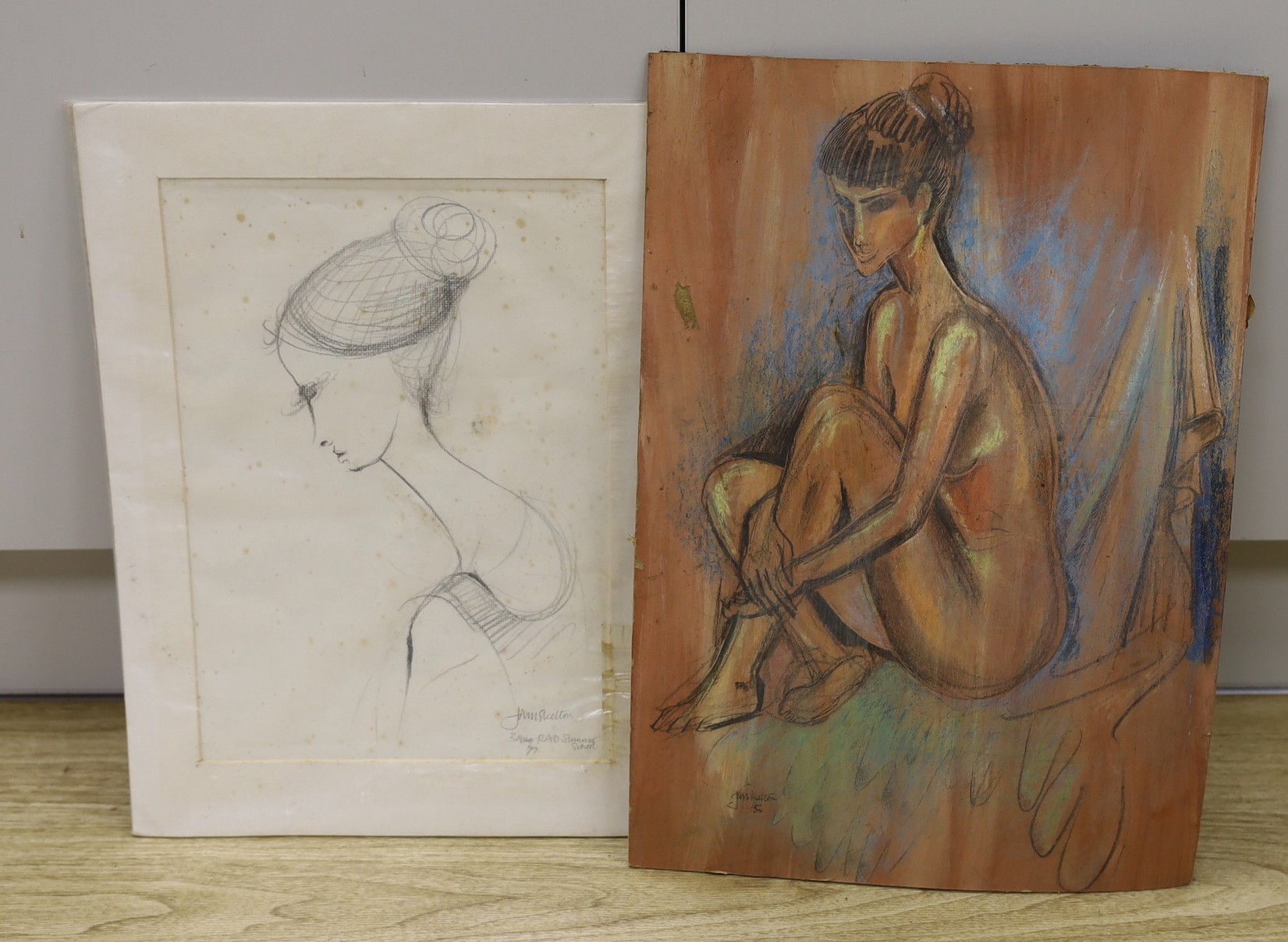 John Skelton (1923-2009) - Sketch of a seated nude, pastel and charcoal on board, signed, dated ‘56, unframed, 50 x 35cms. and head and shoulders study, charcoal on paper, signed and dated 3rd Aug. ‘77, inscribed “‘RAD S