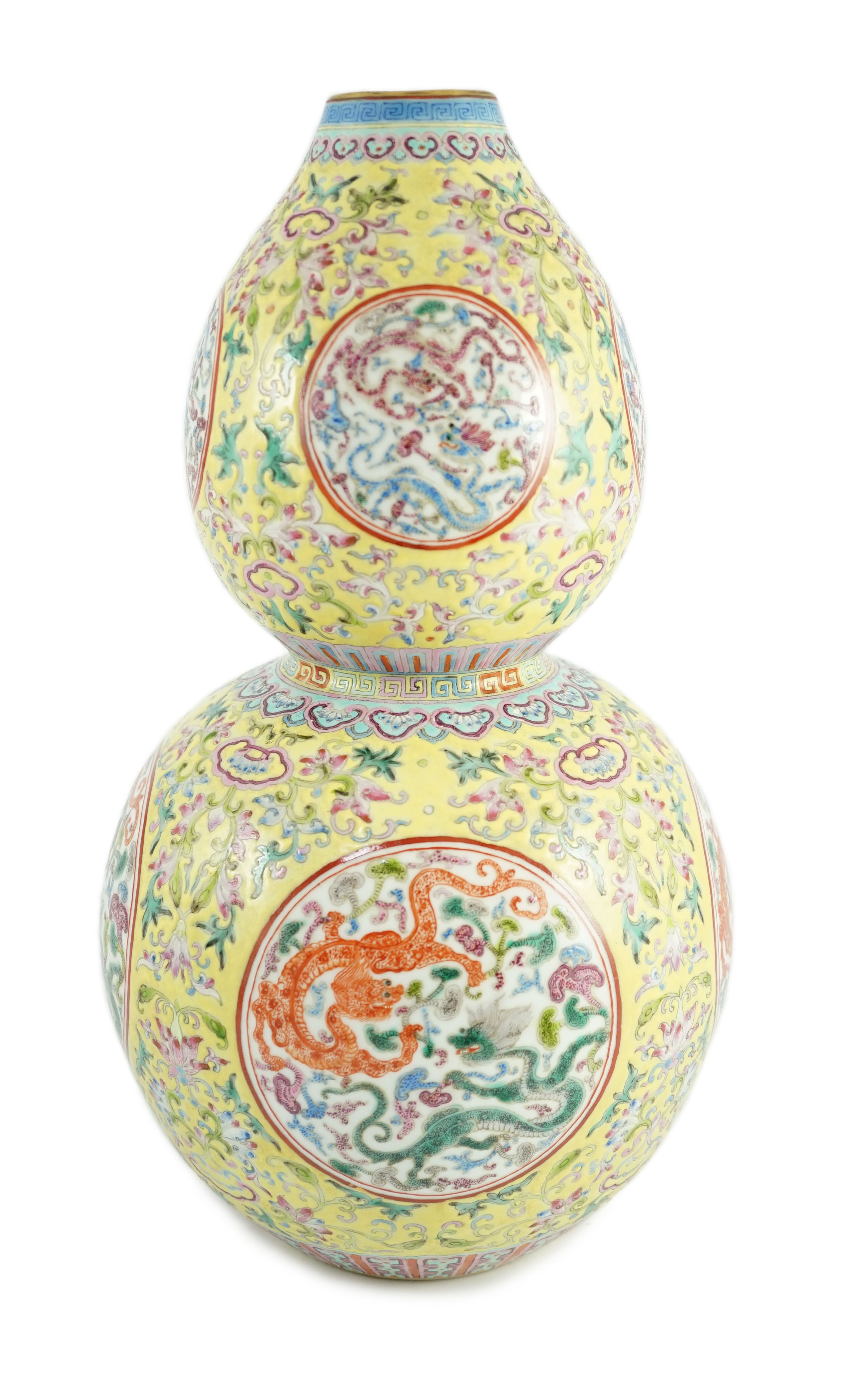 A Chinese yellow ground ‘dragon roundel’ double gourd shaped vase, Qianlong mark, Republic period, 36cm high                                                                                                                
