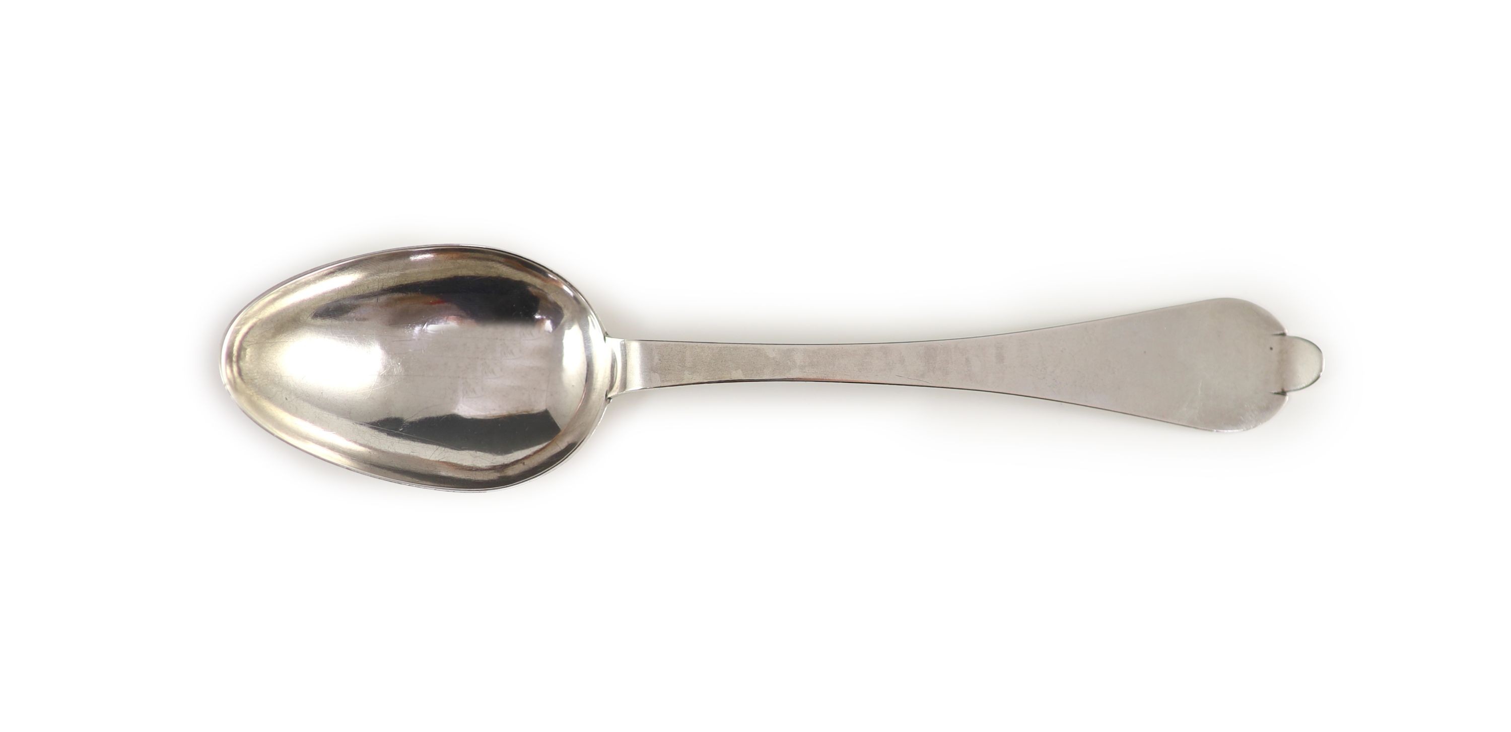 A George III Channel Islands silver trefid spoon, initialled ‘I HM’ over attributed to Jacques Quesnel, marked ‘I.Q’, c1780, 19cm long, 1 oz.                                                                               