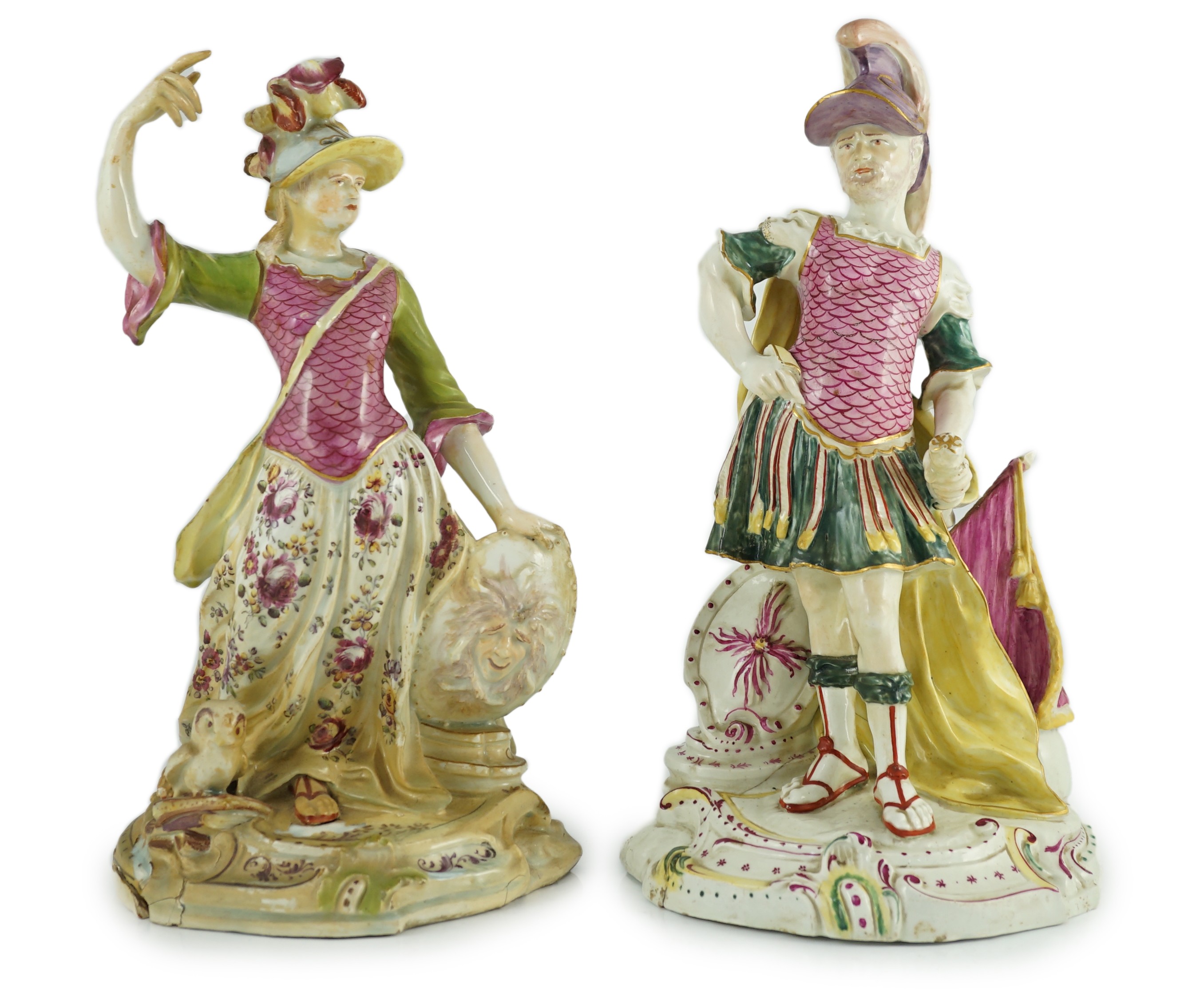 A pair of large Derby porcelain figures of Minerva and Mars, c.1760, 33cm and 34.5cm high, restorations, Provenance - purchased from Winifred Williams, Eastbourne/London before 1970.                                      