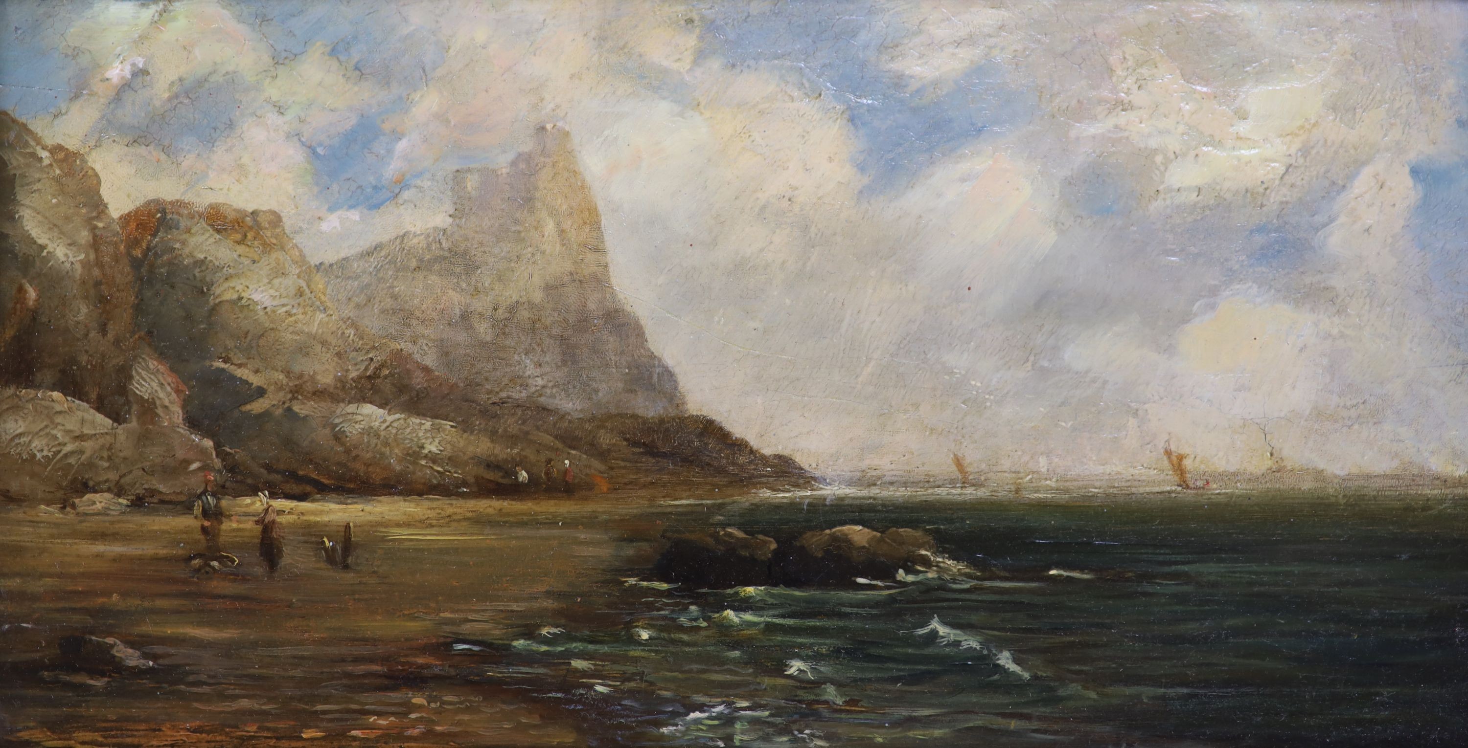 Late 19th century English School, oil on panel, Figures in a coastal landscape, 22 x 43cm                                                                                                                                   