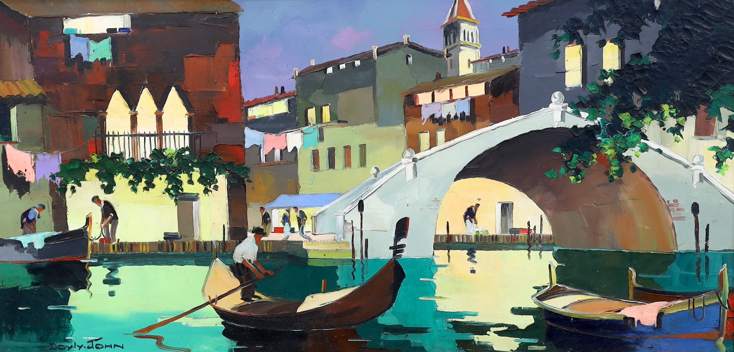 Cecil Rochfort D'Oyly John (British, 1906-1993), 'Venice, a side street off the Grand Canal near the Place Marco', oil on canvas, 35 x 70cm                                                                                 