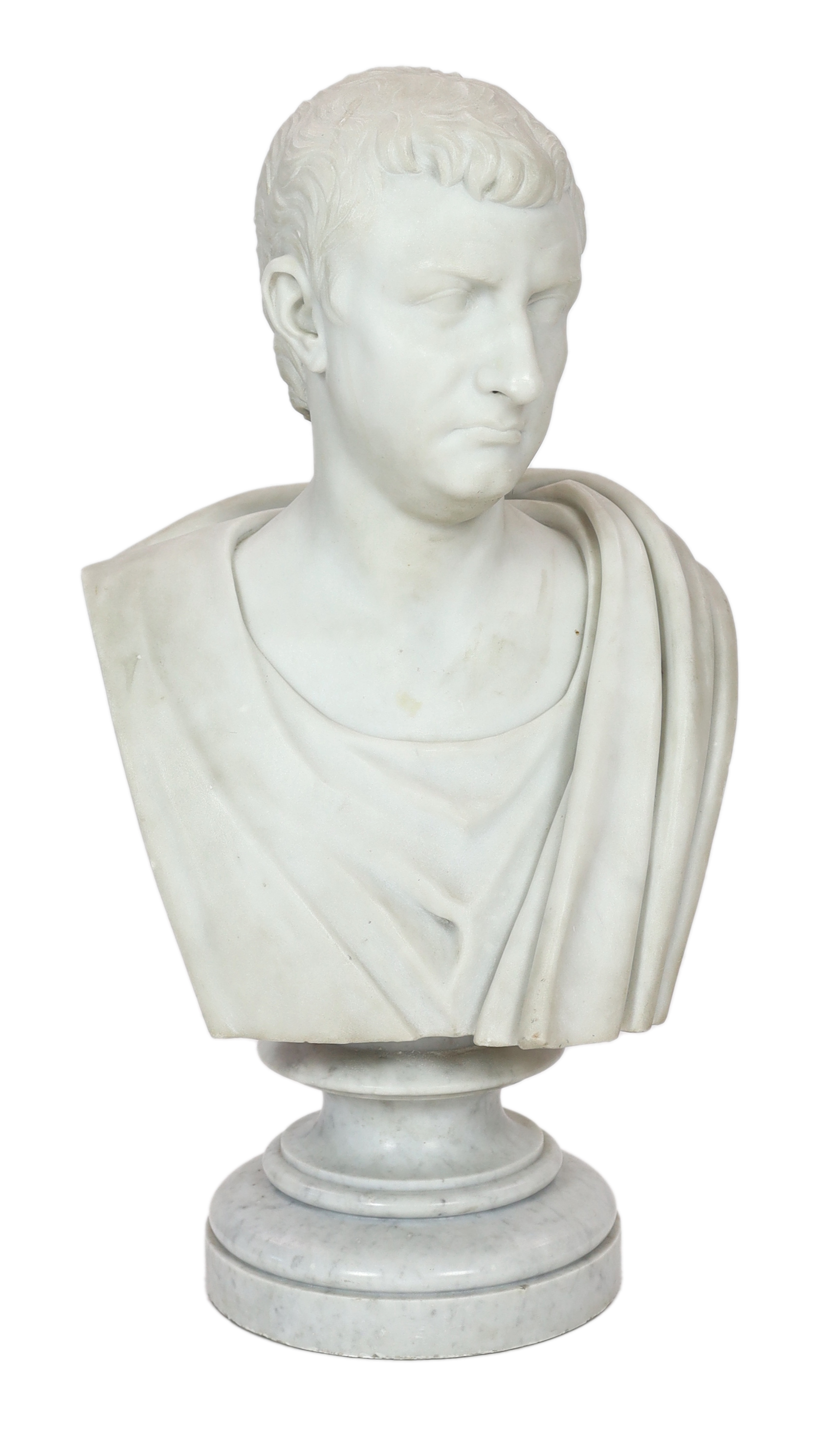 Studio of Orazio Andreioni (c.1840-1895), a 19th century Italian white marble bust of a Roman Emperor, possibly Tiberius, 41cm wide, 30cm deep, overall 75cm high, Please note this lot attracts an additional import tax of