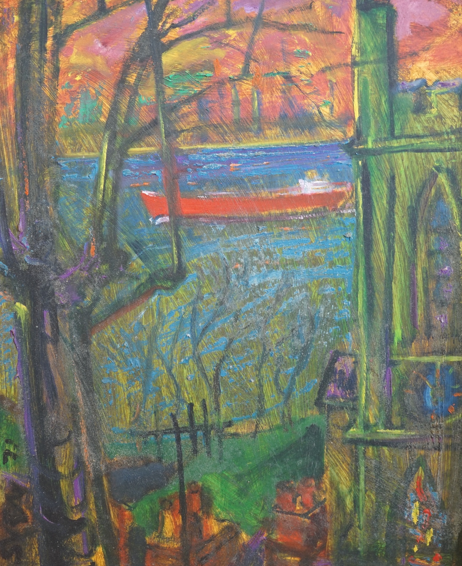 Sven Berlin (1911-1999), oil on board, 'The Red Tanker', signed, 59 x 49cm. Condition - good                                                                                                                                