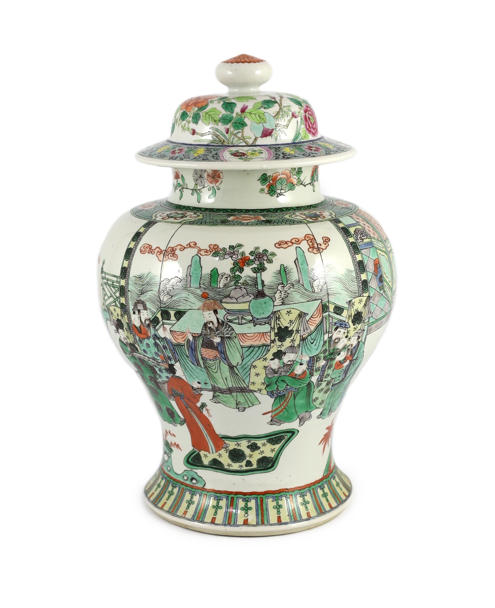 A Chinese famille verte jar and associated cover, 19th century, 41cm high, damaged and matched cover                                                                                                                        