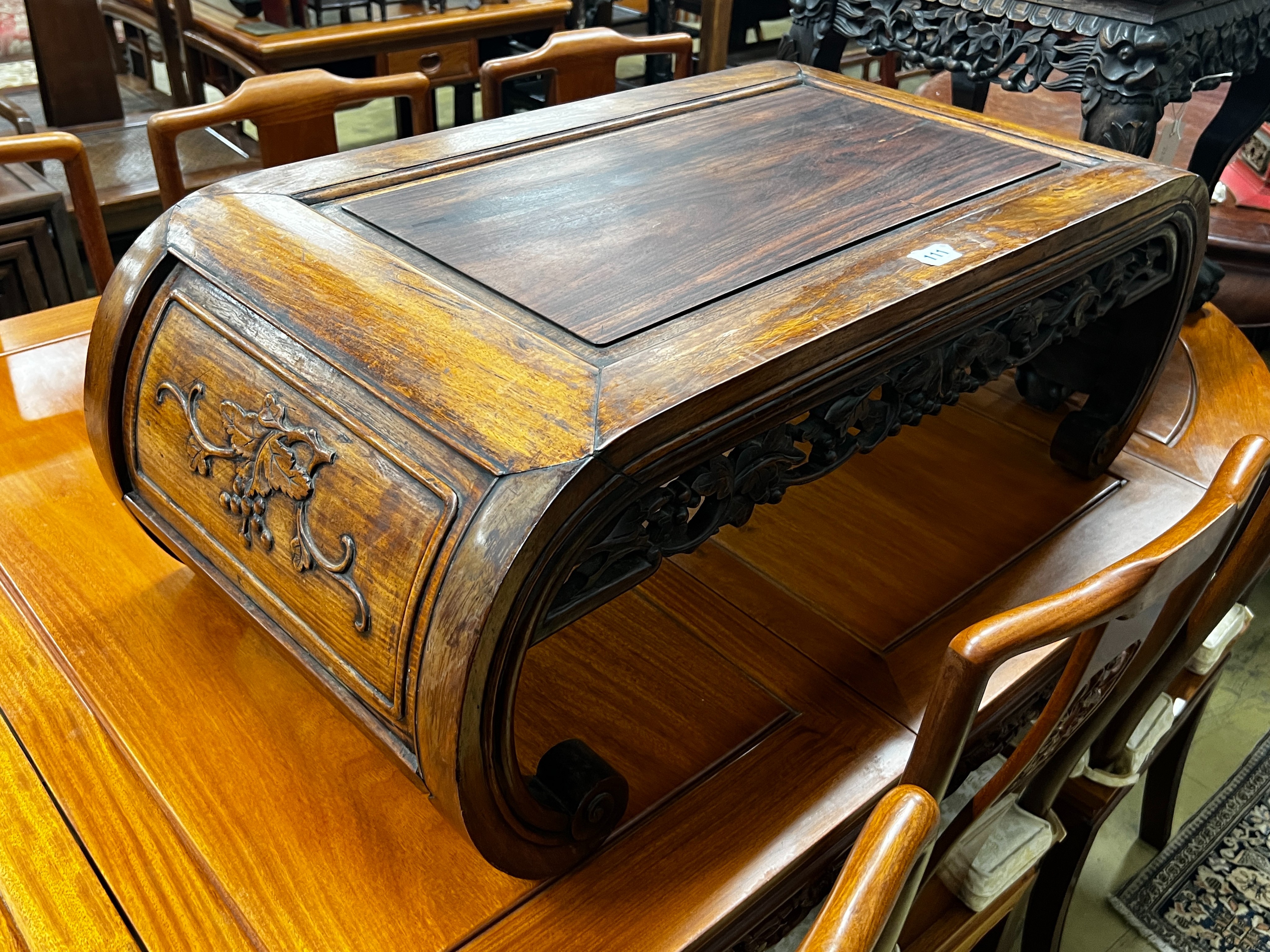 A Chinese carved hongmu low table, length 89cm, depth 45cm, height 33cm                                                                                                                                                     
