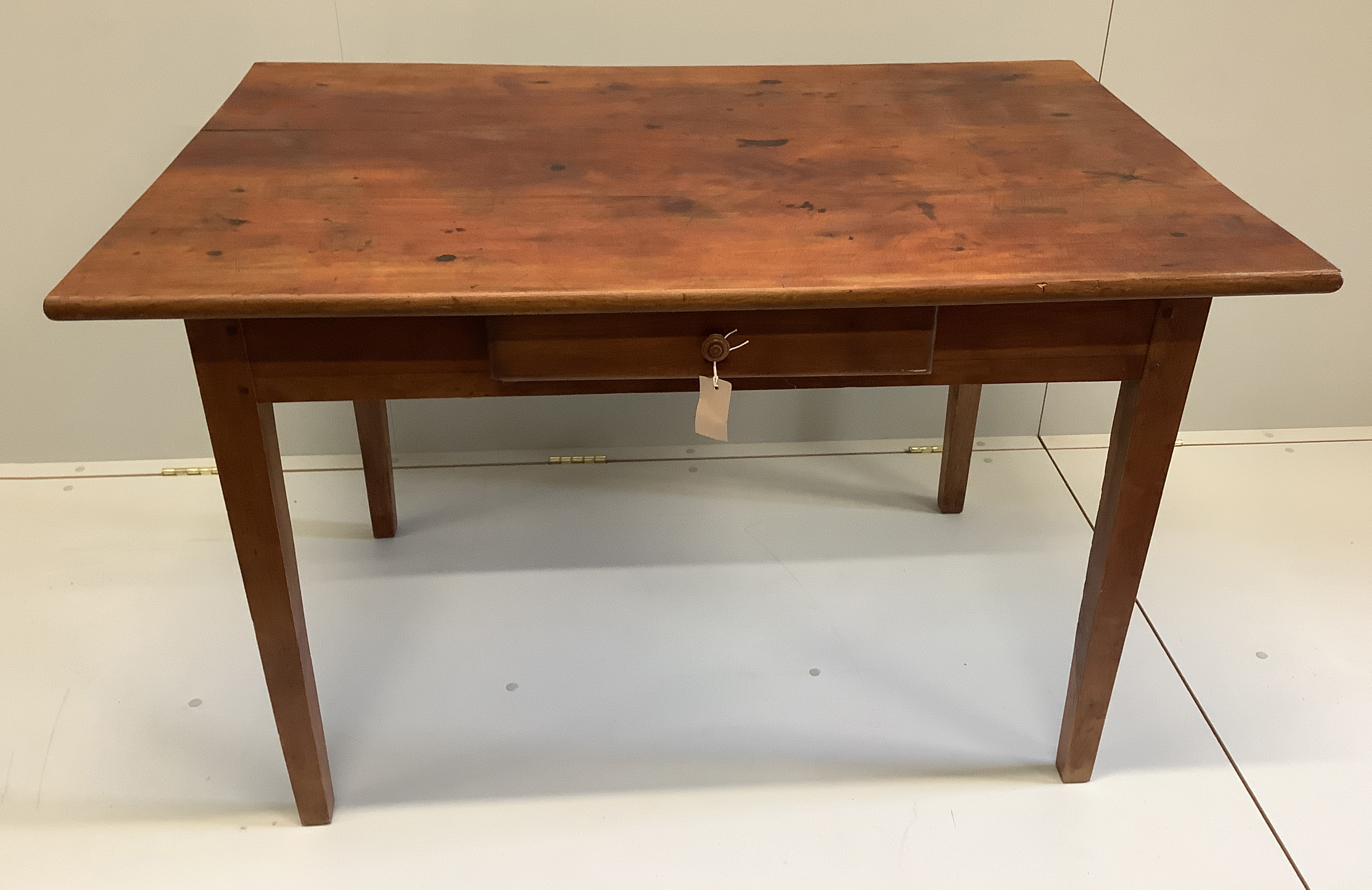 A 19th century French rectangular fruitwood kitchen table, width 120cm, depth 80cm, height 75cm                                                                                                                             