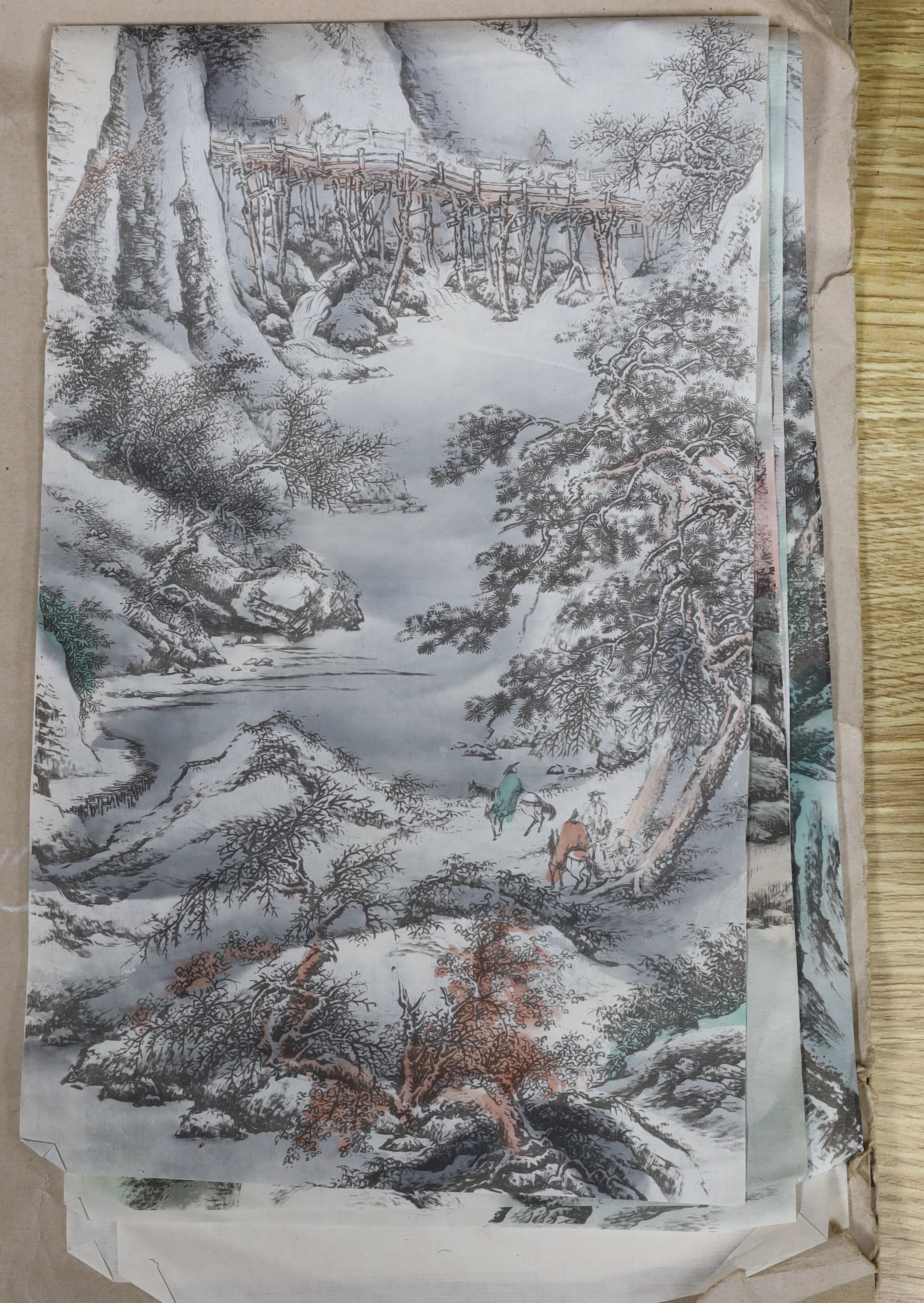 Chinese School, set of four woodblock prints, Mountainous landscapes, 67 x 20cm, unframed                                                                                                                                   