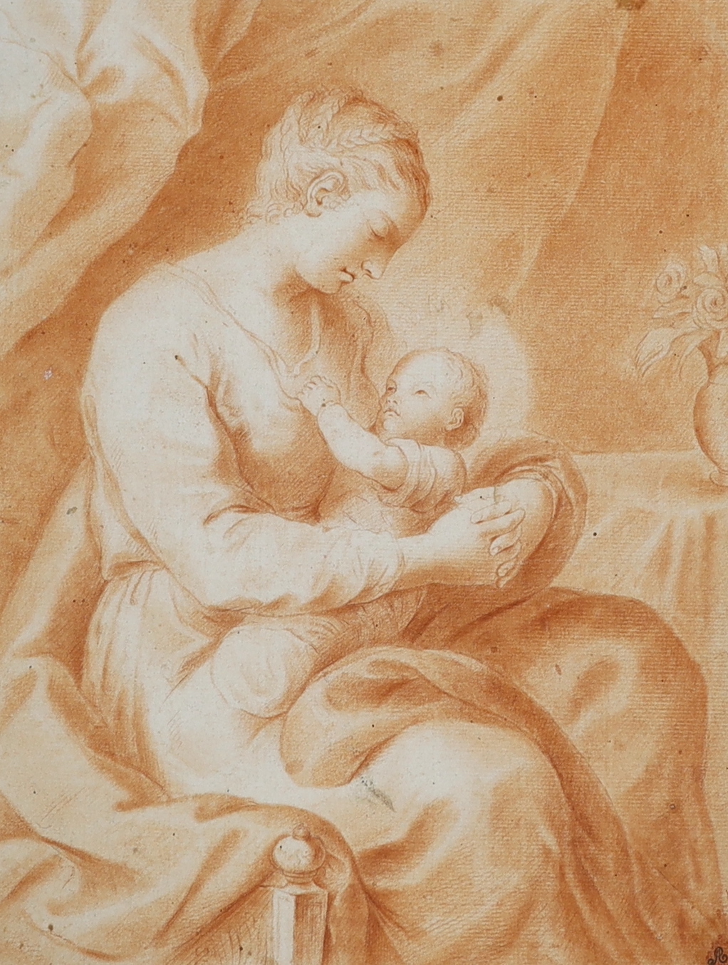 Manner of Francesco Solimena (Italian, 1657-1747), old master sanguine chalk, Madonna and child, collectors stamp lower right, mounted, 34 x 27cm, unframed                                                                 