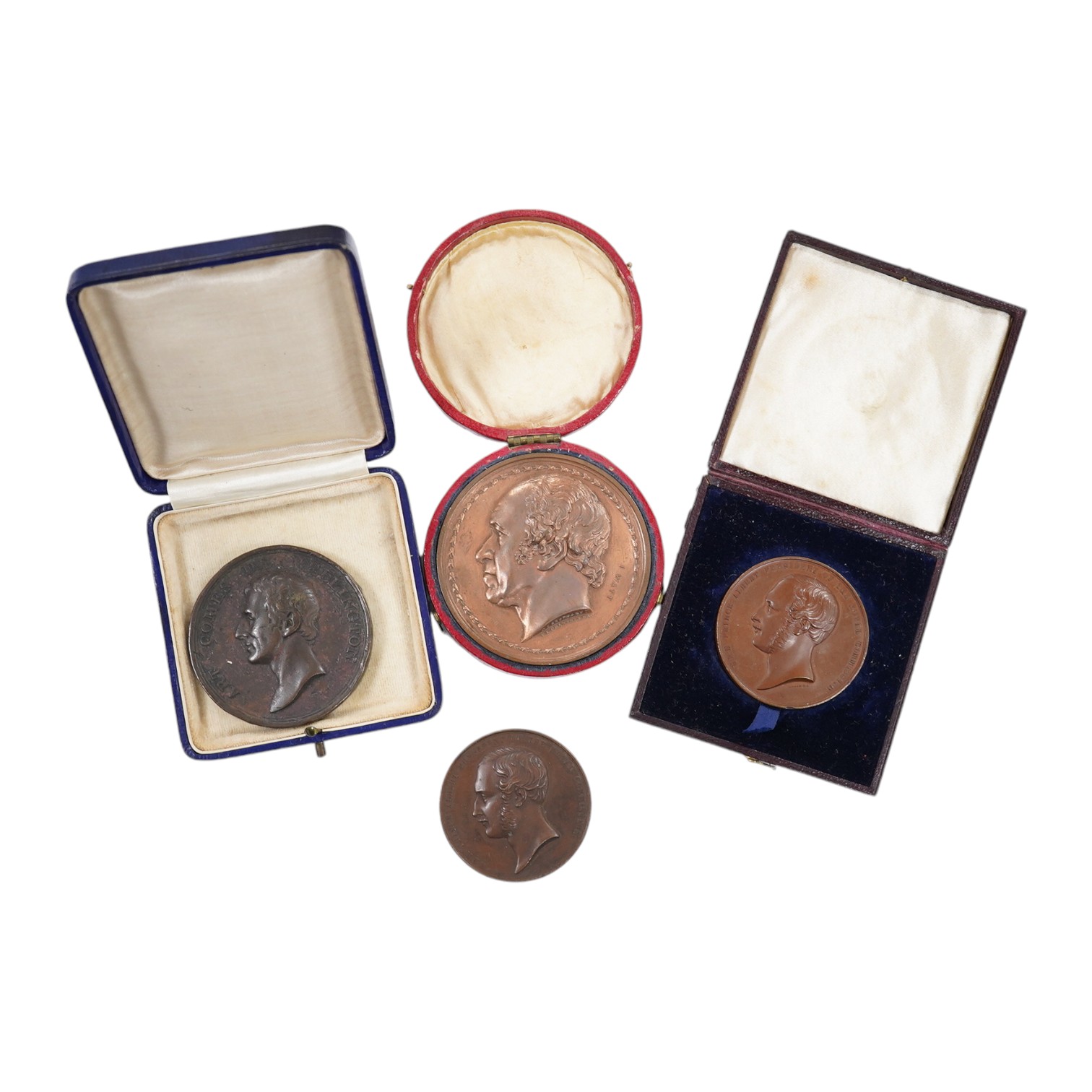 British commemorative medals, James Watt bronze medal, c.1826, 62.3mm, by T. and A.J. Stothard, cased, Wellington created Earl bronze medal, Parliamentary tribute 1812, by T Webb, two Exhibition of the Works of Industry 