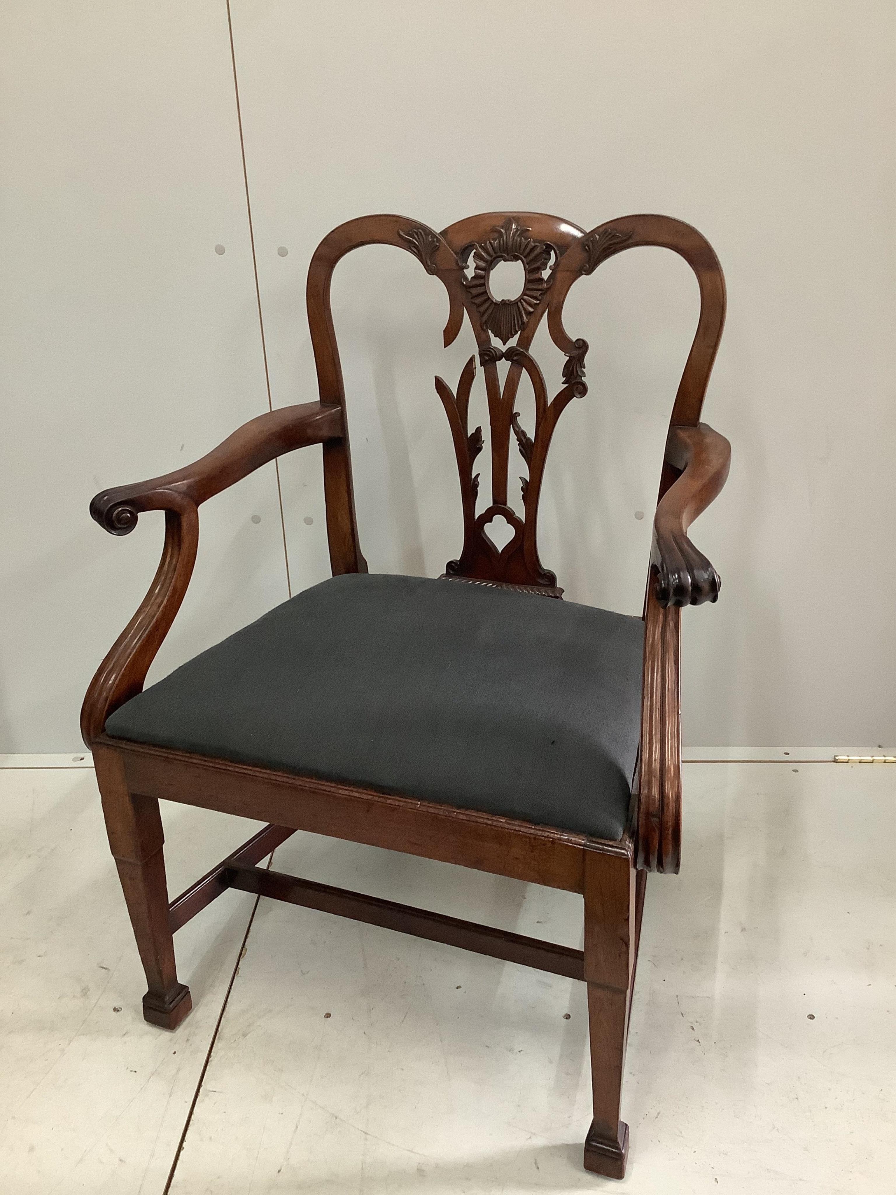 A George III mahogany elbow chair, width 71cm, depth 50cm, height 96cm. Condition - poor, Provenance: Patrick Sandberg, Kensington and then Bonhams                                                                         