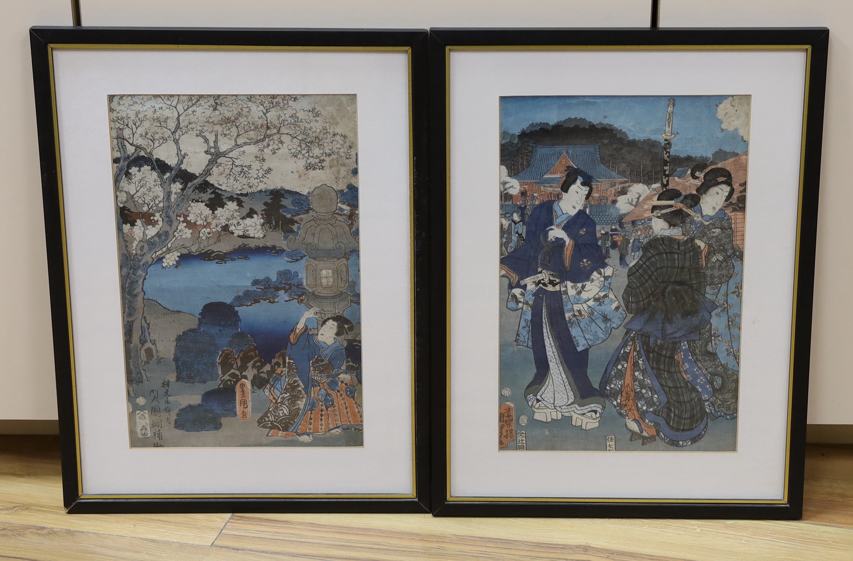 Kunisada, Japanese, pair of woodblock prints, Figures on the street and Prunus blossom, 33 x 22cm                                                                                                                           