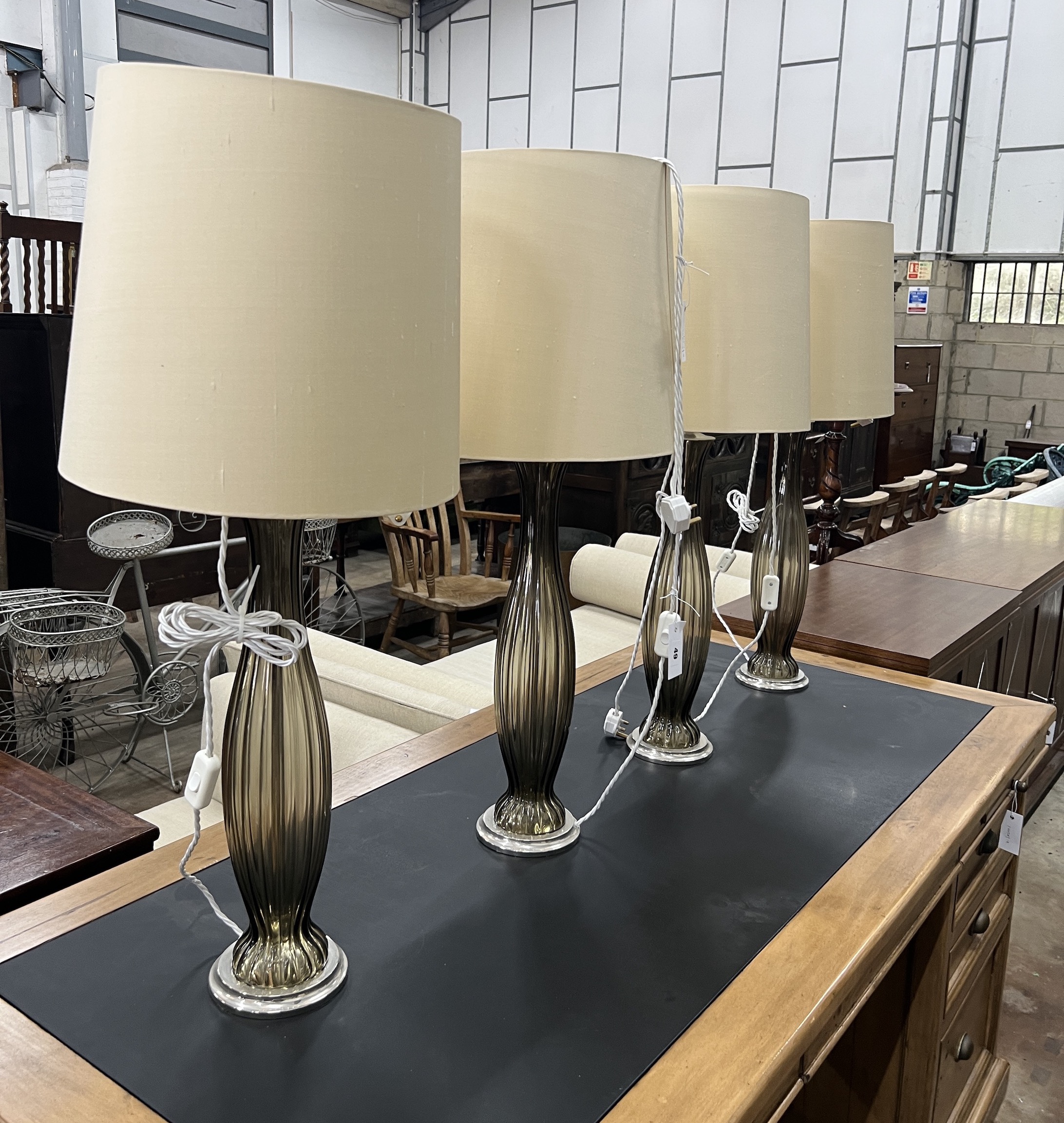 A set of four Bella Figura contemporary fluted glass table lamps and shades, height including shades 86cm                                                                                                                   