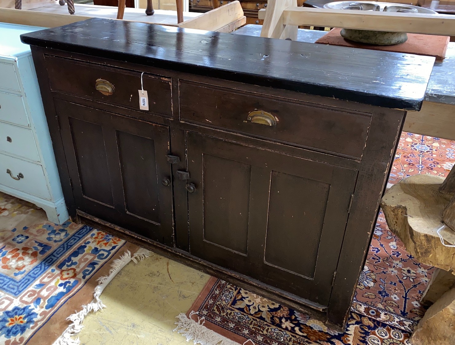 A Victorian painted pine two drawer, two door side cabinet, width 144cm, depth 44cm, height 92cm                                                                                                                            