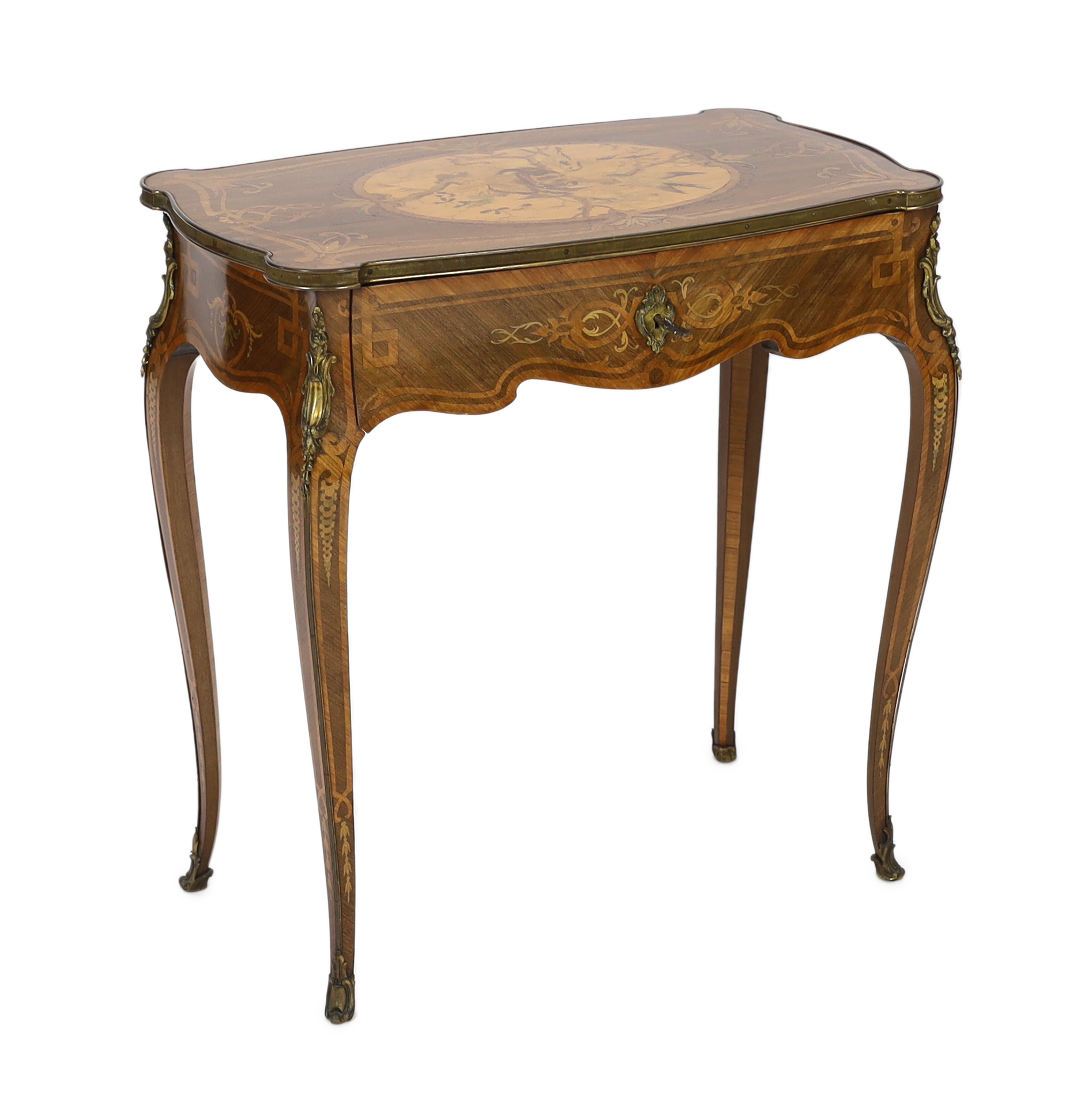 A Louis XV style marquetry side table, 66cm wide, 37cm deep, 68cm high, Please note this lot attracts an additional import tax of 5% on the hammer price                                                                    