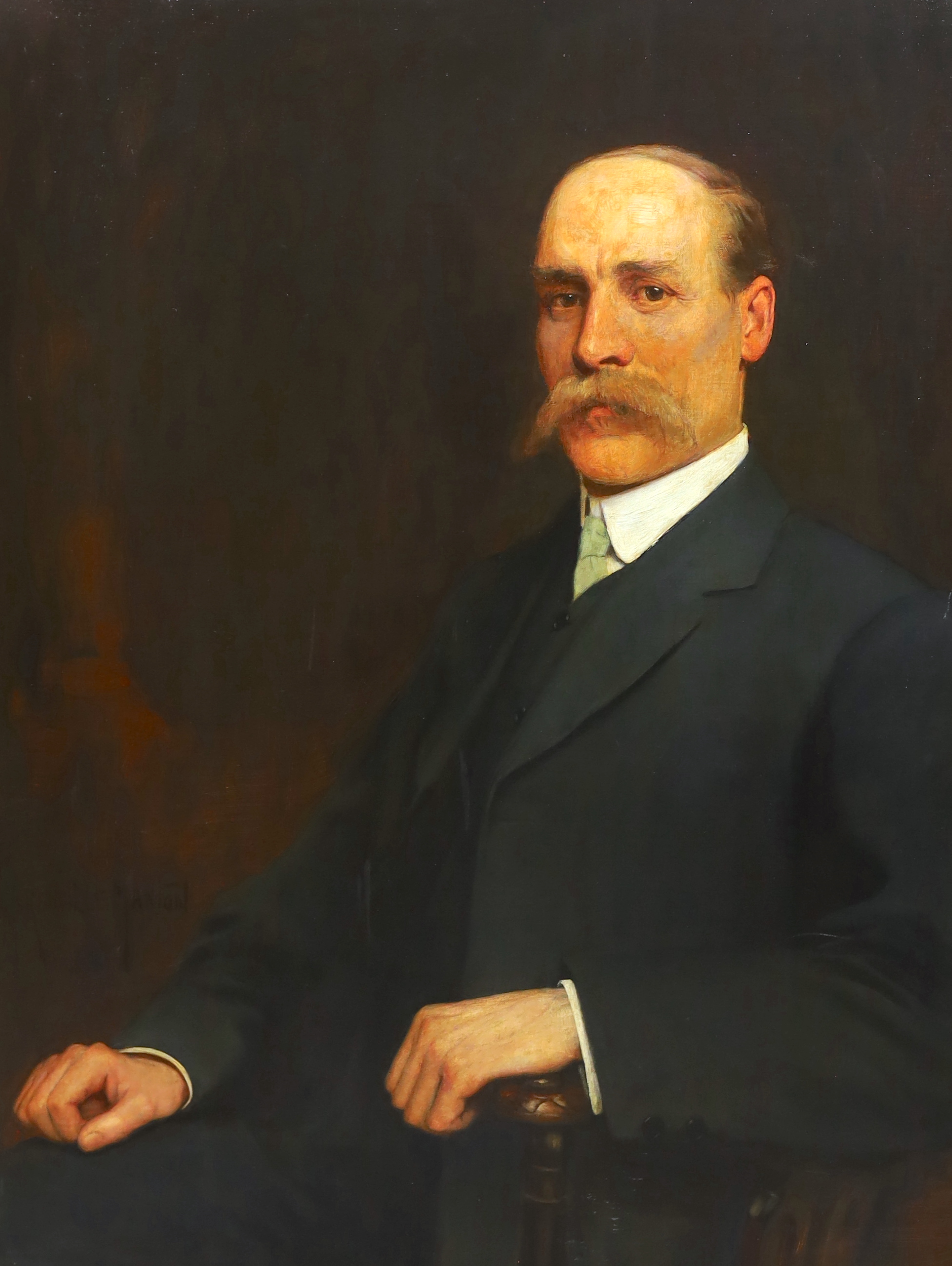 George Henry Grenville Manton (British, 1855-1932), oil on canvas, Portrait of a seated gentleman, said to have been connected to Harrow School, signed, 90 x 70cm                                                          