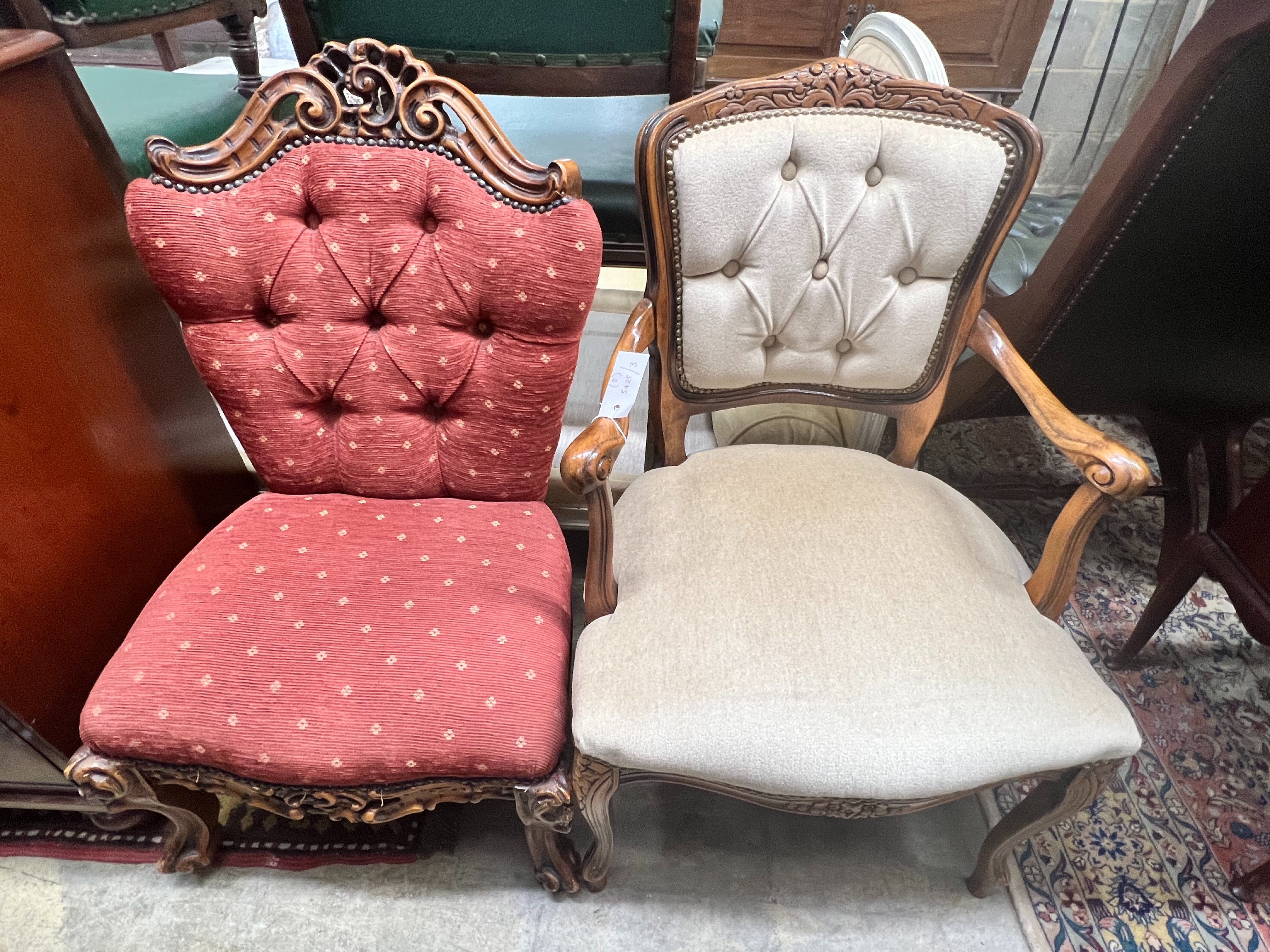A Louis XV style beech elbow chair and a carved walnut side chair                                                                                                                                                           