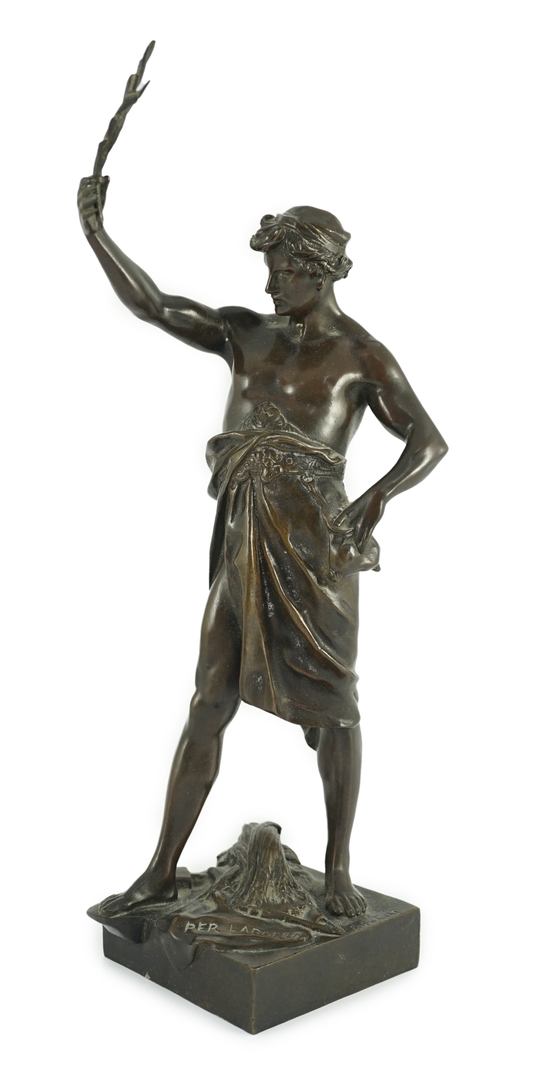 Emile Louis Picault (1833-1915). A French bronze figure 'Per Laborem' modelled as a classical athlete holding aloft a laurel sprig, 34cm high                                                                               