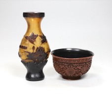 A Chinese red lacquer bowl and a Chinese overlaid glass vase, 17cm                                                                                                                                                          