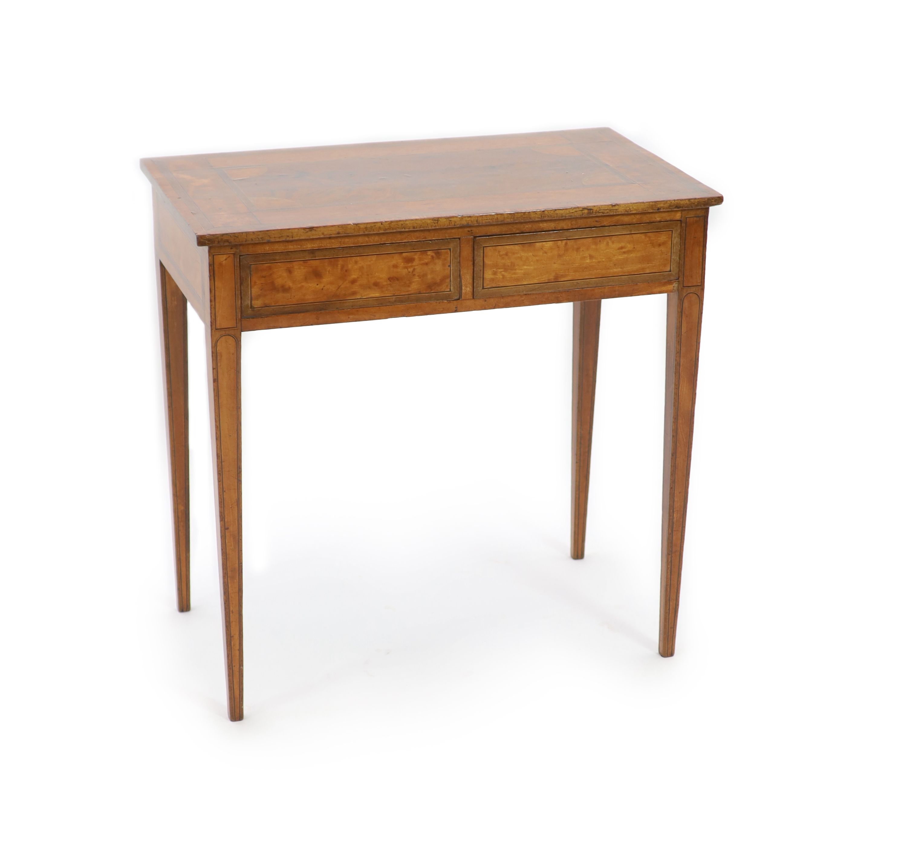 A George III inlaid mahogany and satinwood side table, W.77cm D.45cm H.75cm                                                                                                                                                 