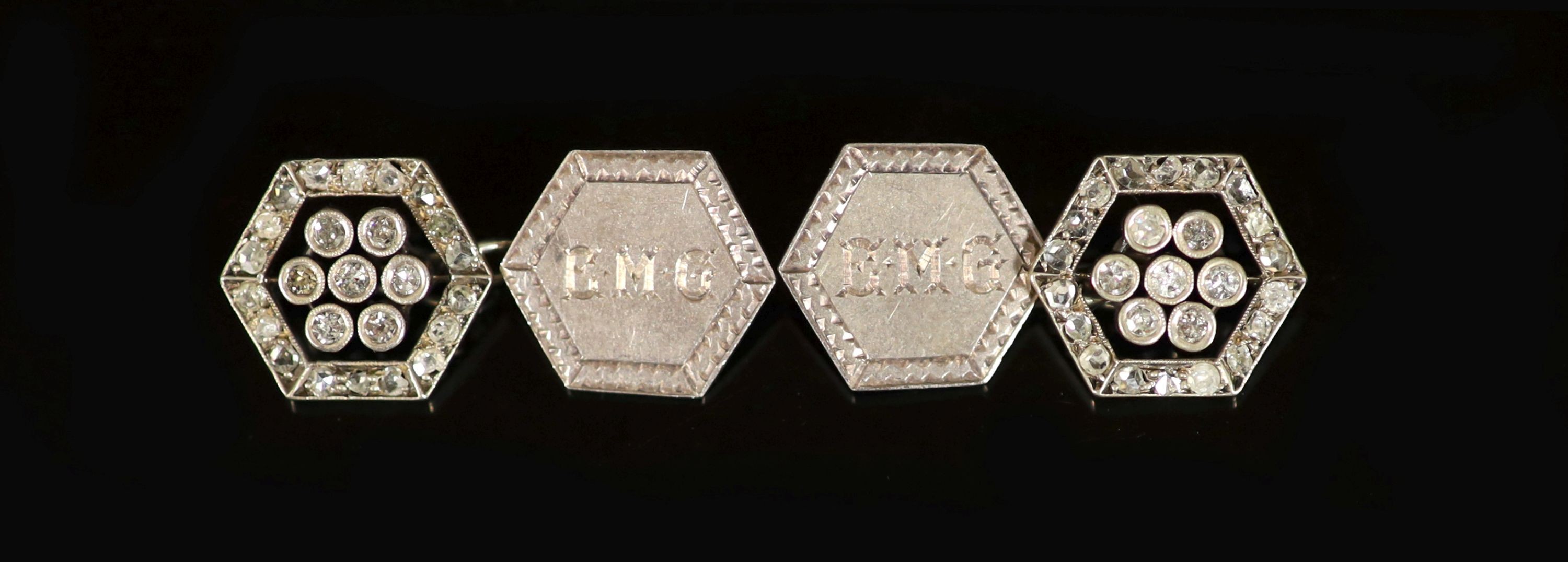 A pair of early 20th century silver and gold, rose and round cut diamond set hexagonal cufflinks                                                                                                                            