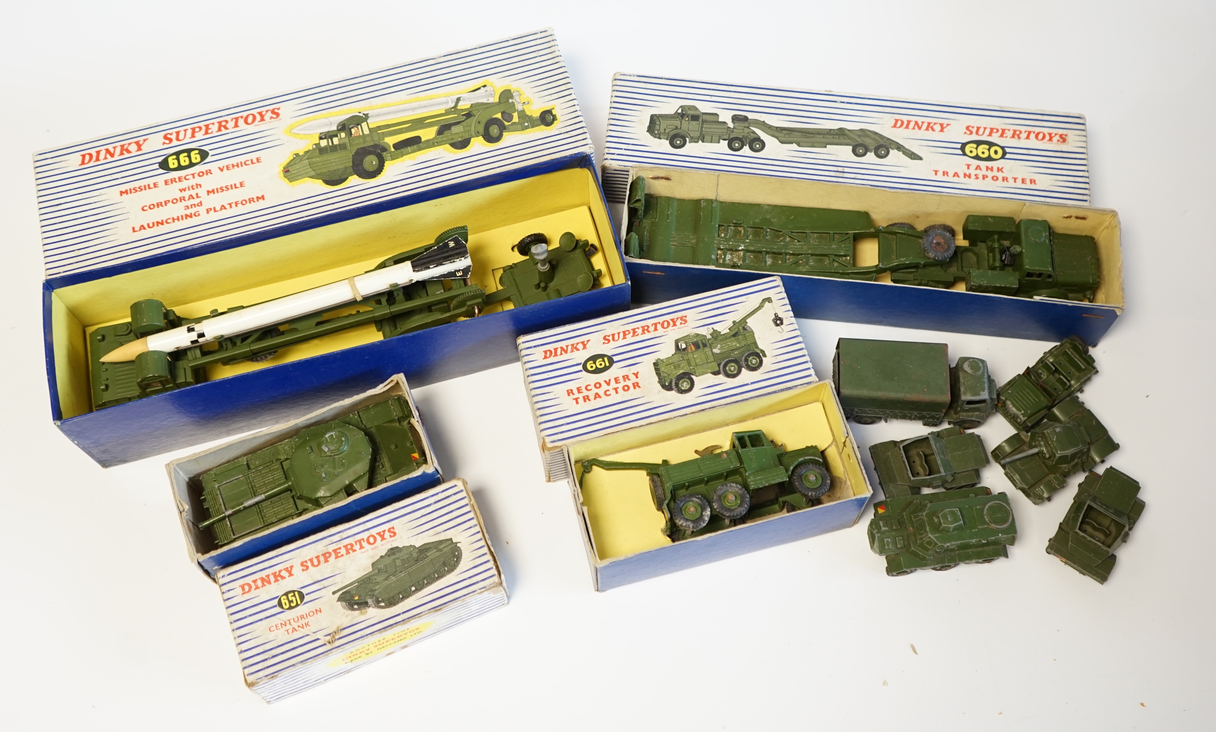 Ten Dinky Toys and Supertoys military vehicles, including four boxed examples; Missile Erector Vehicle with Corporal Missile and Launching Platform (666), Recovery Tractor (661). Tank Transporter (660), Centurion Tank (6