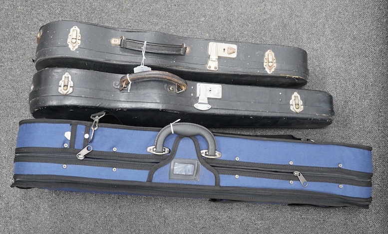 Three violins; a 3/4 Czech, a 1/2 size German and a 1/4 size Czech, all cased. Condition - fair to good                                                                                                                     