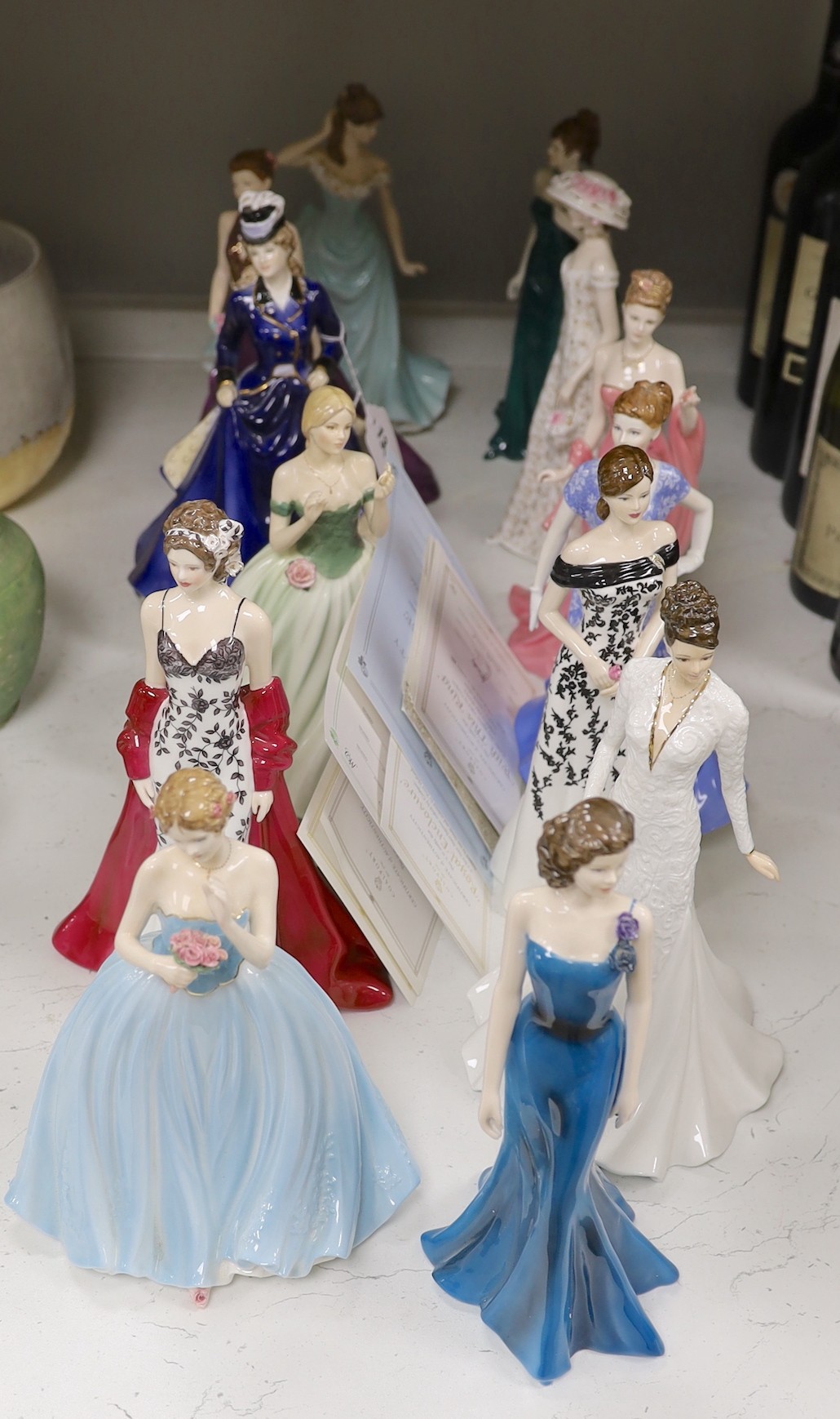 Thirteen Royal Worcester and Coalport figures of ladies, to include Dearest Rose, Sheer Elegance, Happy Birthday, Joanna, Eleanor, Keepsake, Mystique, Kate, Royal Enclosure, Juliet, With This Ring, and Susan, some with c