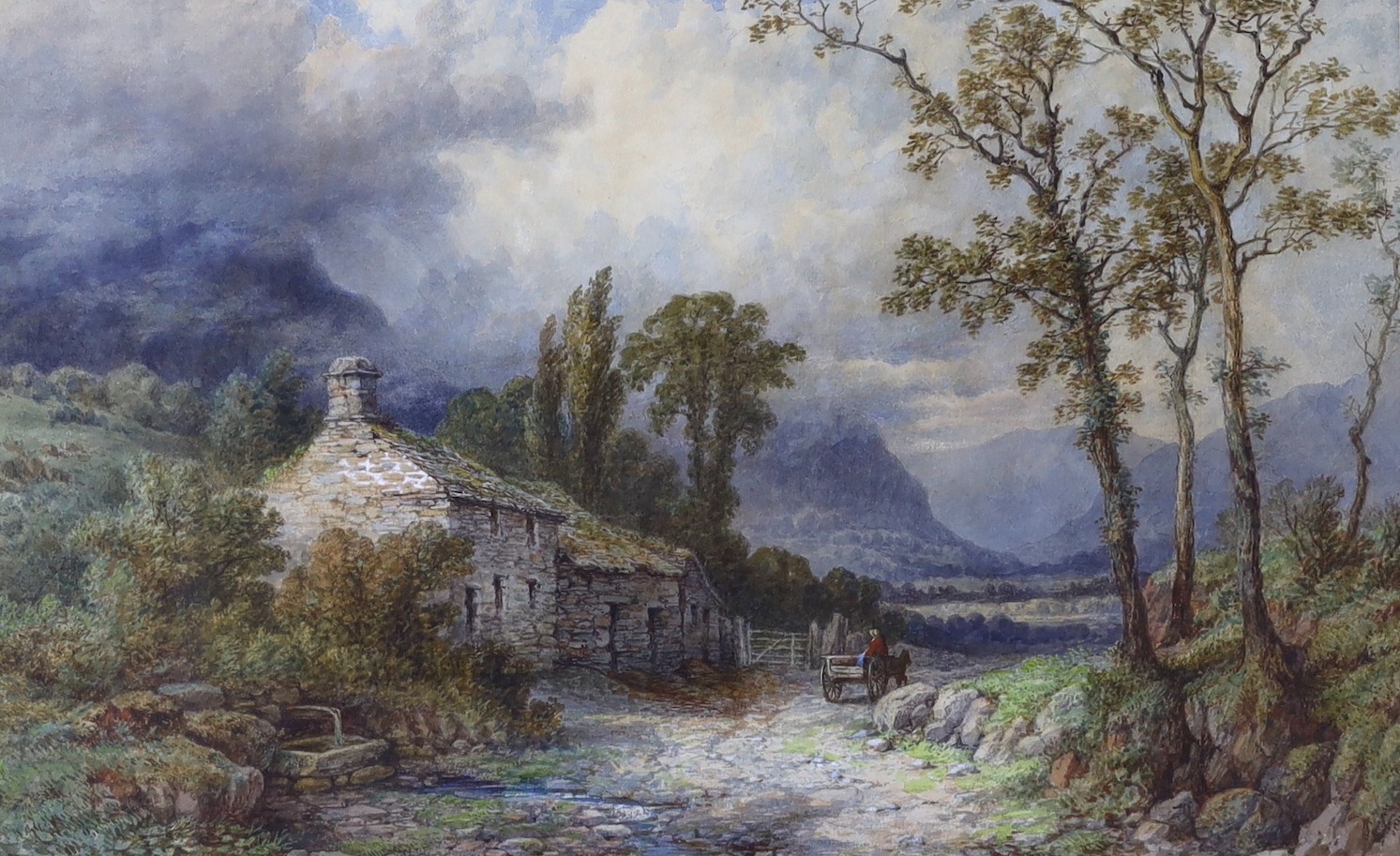 Samuel Henry Baker RBA (1824-1909), watercolour, Cart passing stone cottages, signed, 26 x 40cm                                                                                                                             