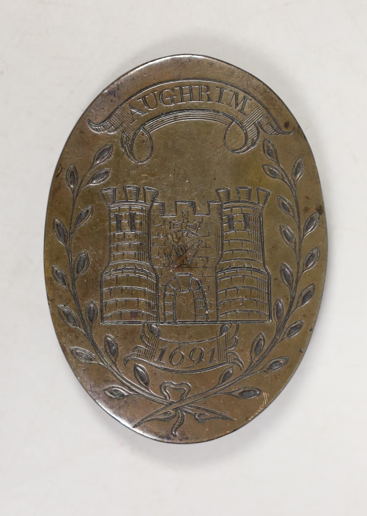 Williamite War interest, a copper badge commemorating the battle of Aughrim, 1691.                                                                                                                                          