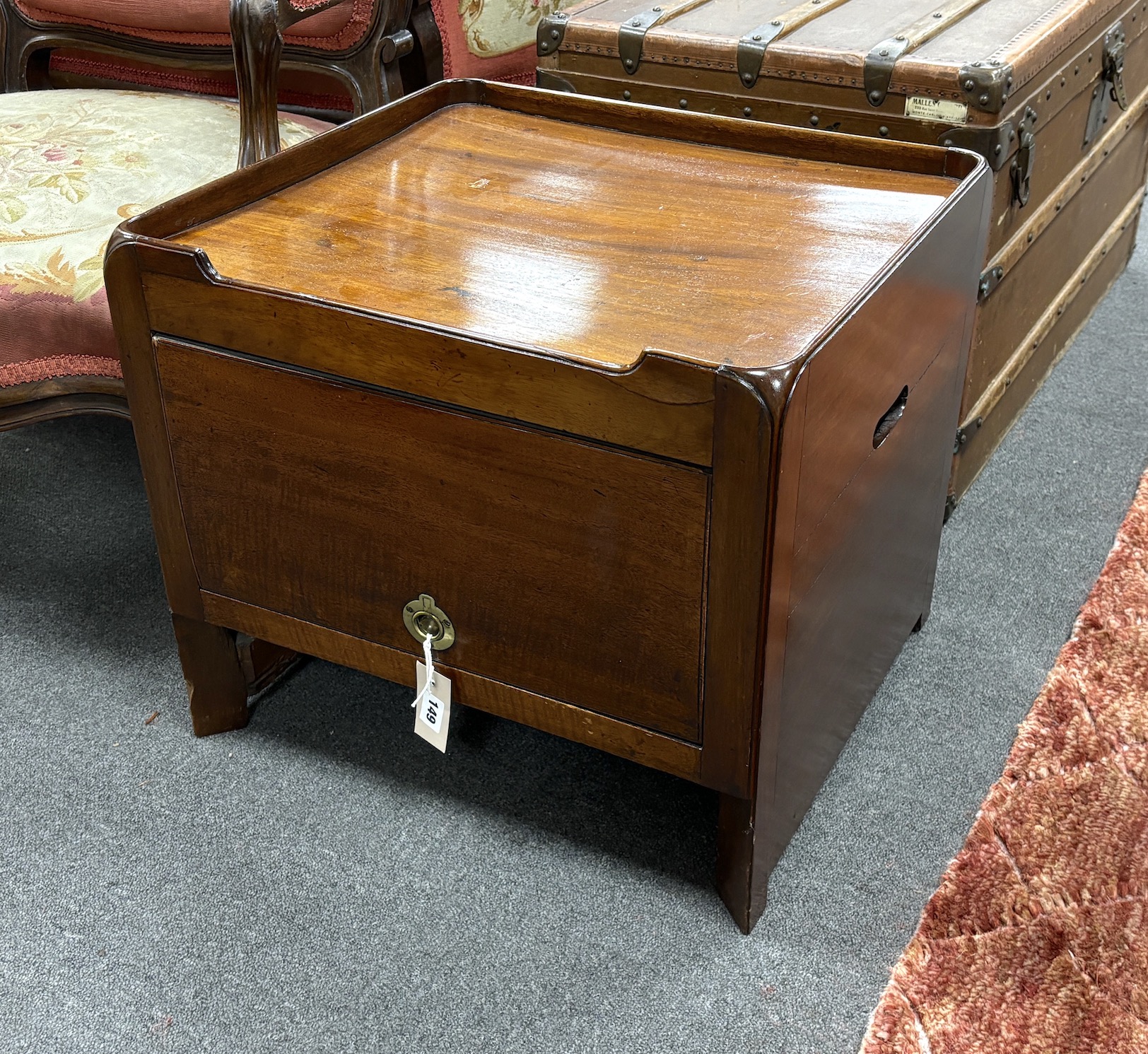 A George III mahogany tray top commode, cut-down, width 53cm, depth 49cm, height 47cm                                                                                                                                       