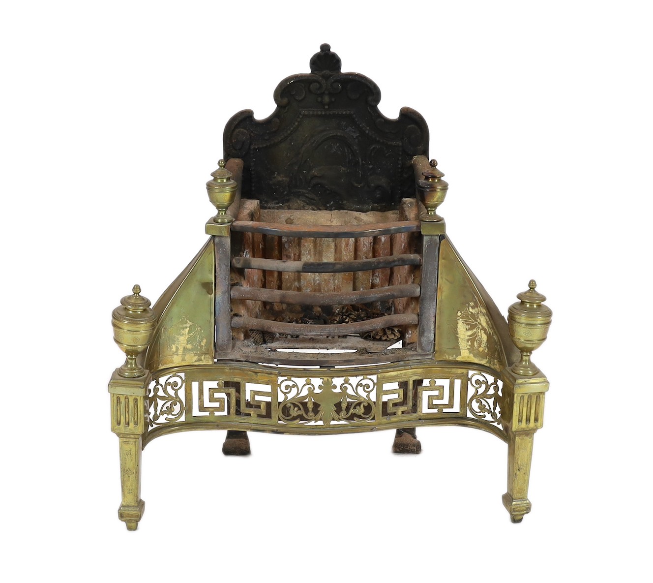 A George III brass mounted wrought and cast iron fire grate, 70cm wide, 35cm deep, 77cm high                                                                                                                                