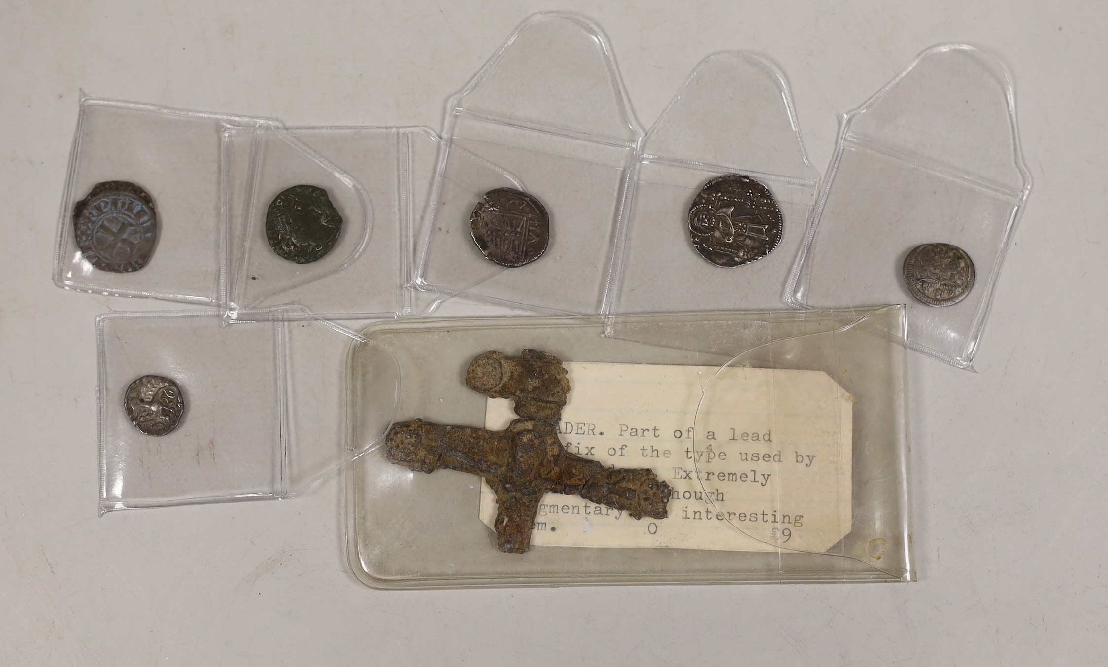 Greek, Celtic and European medieval coinage to include an AR drachm, Illyria, an Iceni Antedios Anted silver unit, a Venetian AR grosso, two deniers tournois, a Charles the Bold 2 Stuivers and a fragment of a lead crucif
