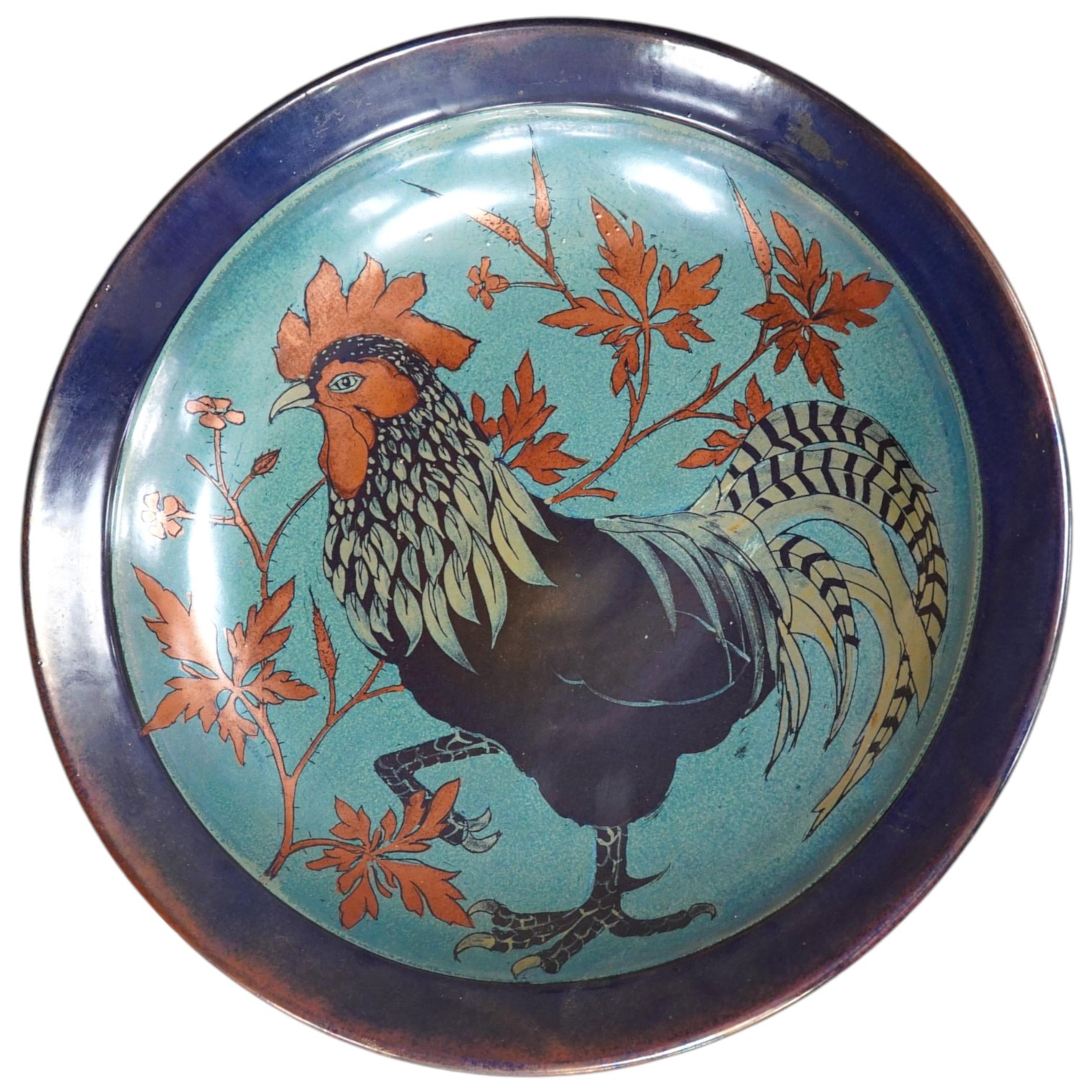 A Jonathan Chiswell Jones lustre 'Chicken' dish, 34cm diameter. Condition - some glazing flaws                                                                                                                              