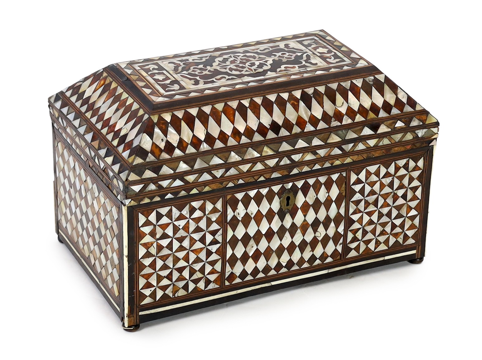 A late 18th/early 19th century Ottoman tortoiseshell and mother-of-pearl scribe’s casket, 49cm wide 30cm deep 31cm high                                                                                                     