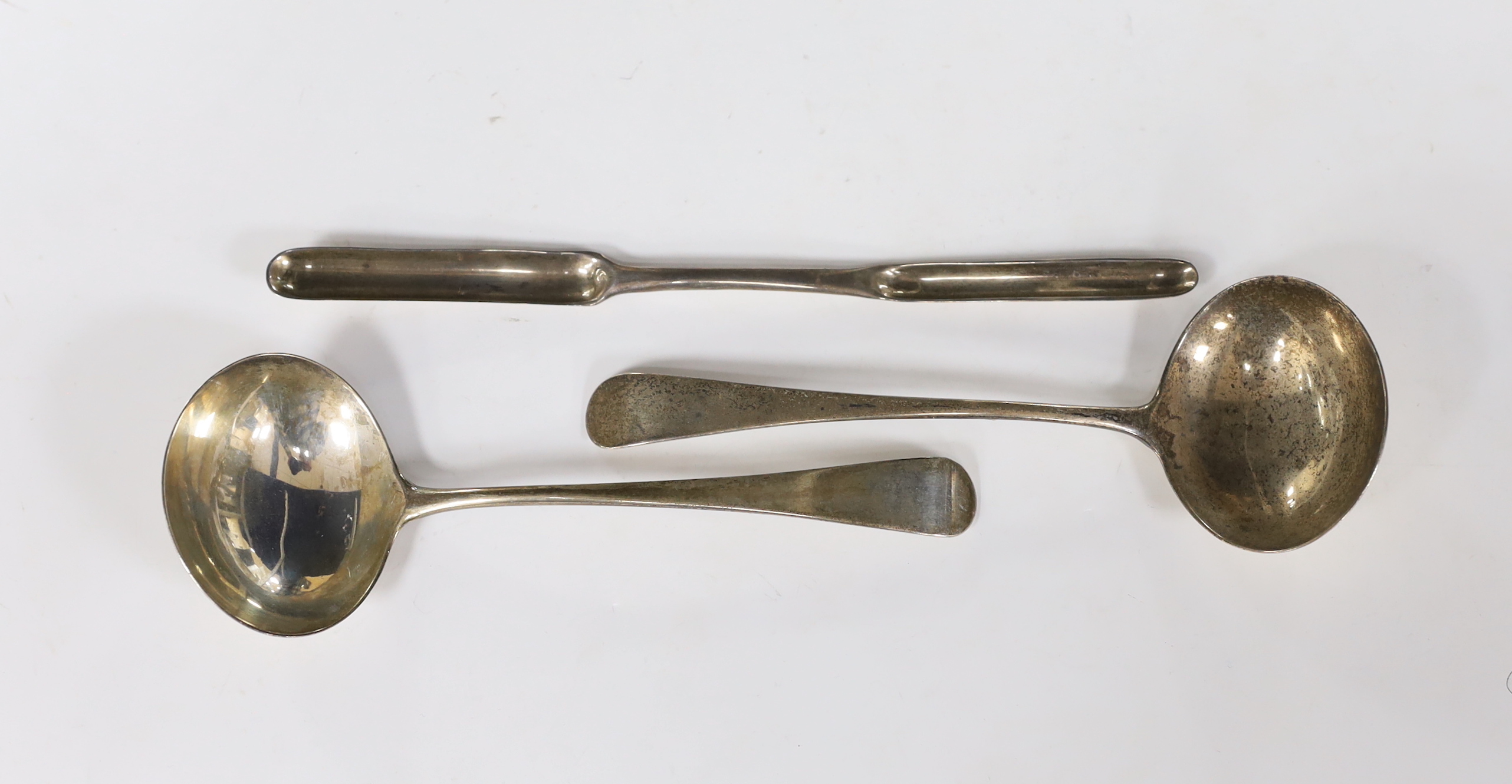 A late George II silver marrow scoop, London, 1757 and a pair of George III silver Old English pattern sauce ladles, London, 1803.                                                                                          