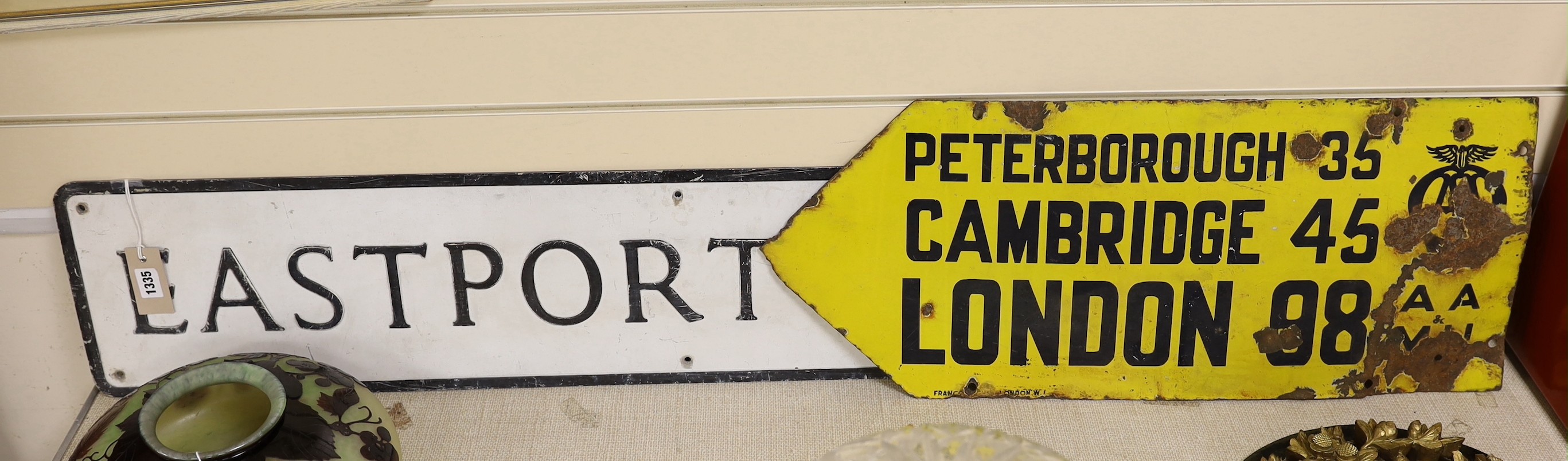 An AA enamel road distance sign, together with an Easyport Lane road-sign, 112cm wide                                                                                                                                       