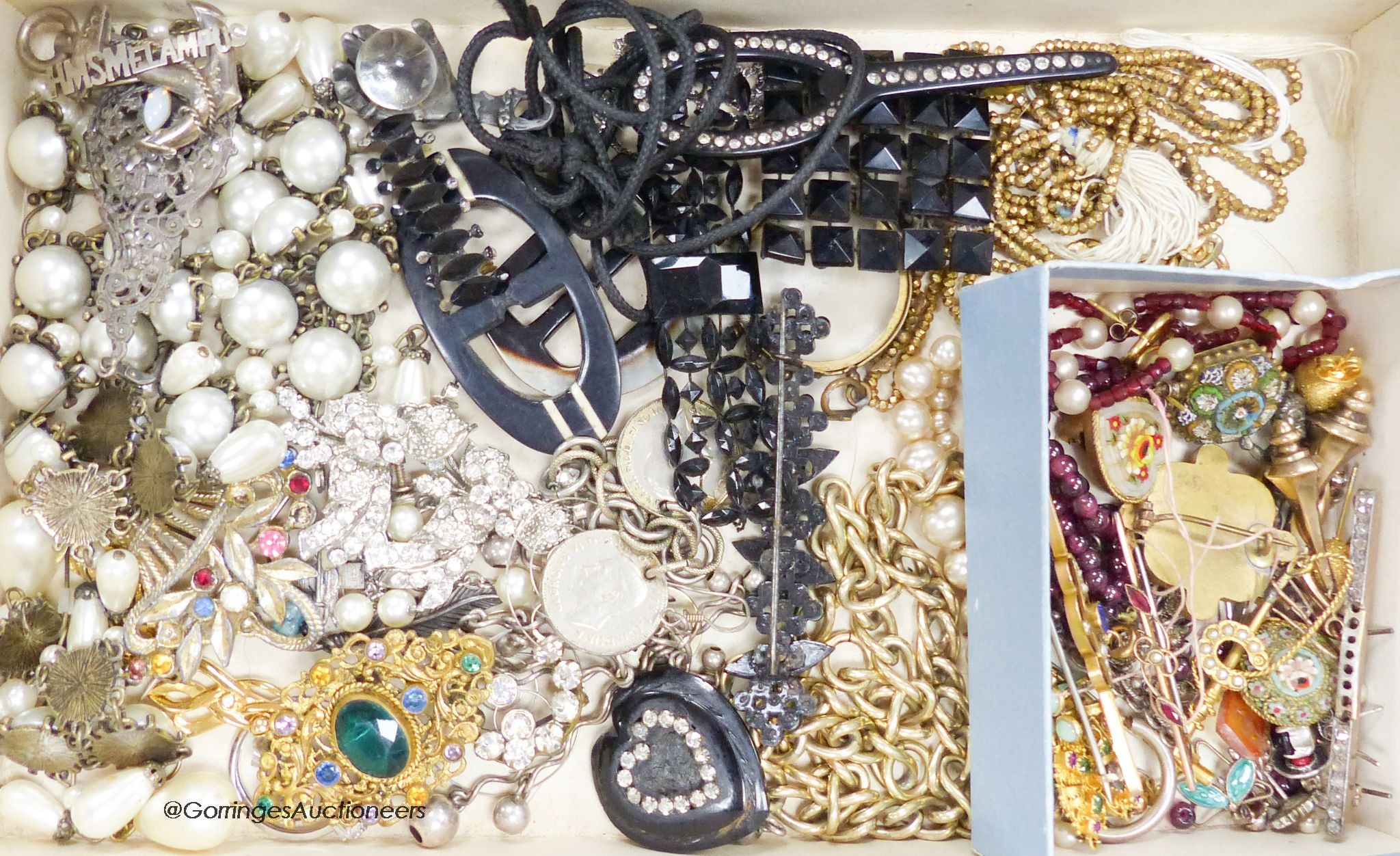 A diamond bar brooch and gold brooch, micro-mosaic brooches, earrings and mixed costume jewellery                                                                                                                           